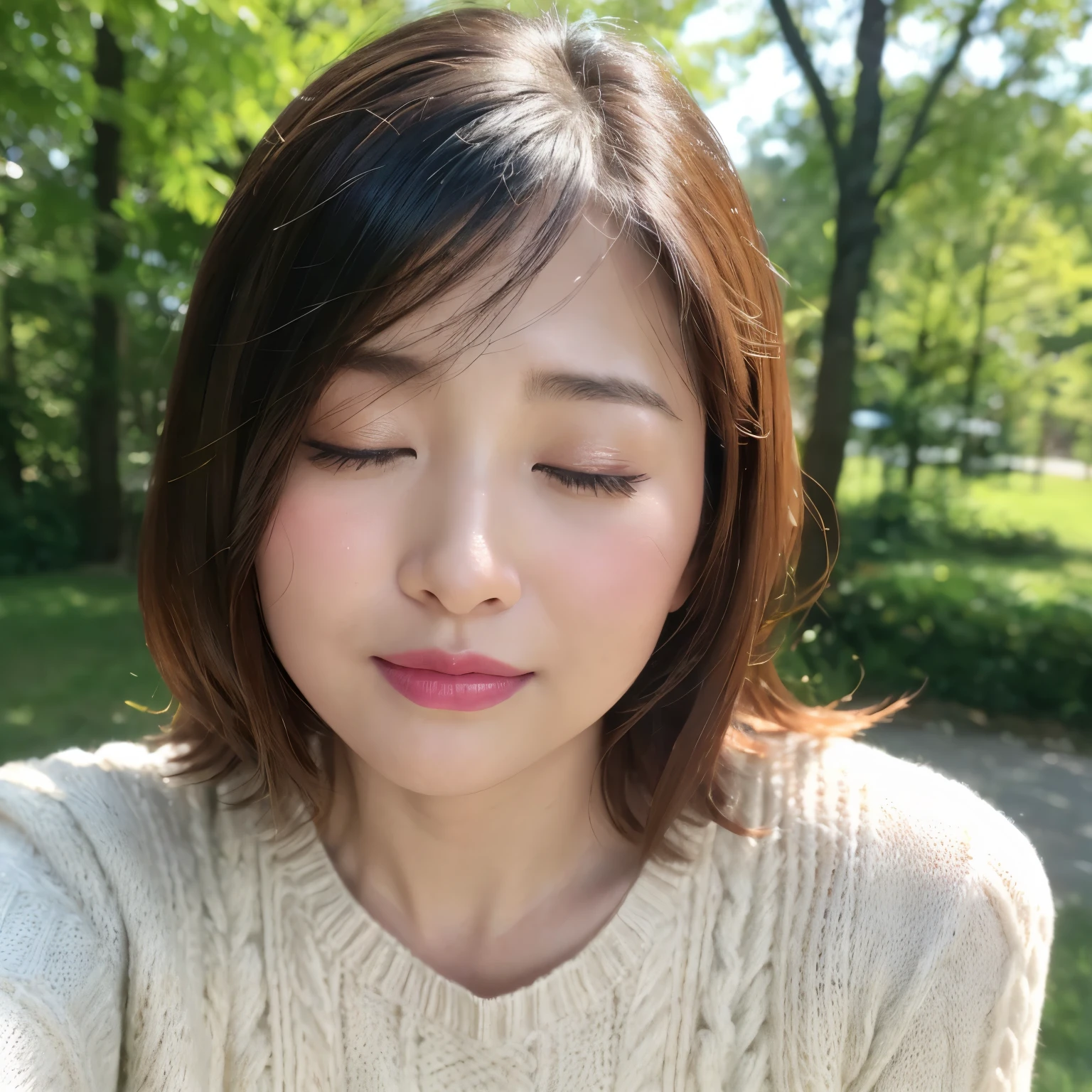 (highest quality、table top、8K、best image quality、Award-winning work)、(1 mature woman:1.1)、(45 years old:1.1)、(eyes completely closed:1.1)、(closed lips:1.1)、(bring your face closer:1.1)、(please bring your lips close to me:1.1)、(close up of face:1.3)、(Selfie with arms outstretched:1.5)、(perfect knit sweater:1.1)、elegant long wavy hair、(完璧に整備された美しい公園のblurred background:1.1)、summer landscape、(上品に立っている女性のclose up of face:1.1)、The most natural and perfect park background、very bright and refreshing、(very bright and vivid:1.2)、(Beautiful skin that shines brightly:1.3)、beautiful shining leaves、beautiful sunlight filtering through the foliage、(blurred background:1.1)、epic movie lighting、beautiful shiny lipstick、perfect makeup、Ultra high definition beauty face、ultra high definition hair、(Super high definition and beautiful closed eyelids:1.1)、(Ultra high resolution bright and glowing skin:1.2)、(Super high resolution glossy lips:1.1)、(face facing forward:1.2)、(body facing forward:1.2)、(lowered eyebrows:1.1)、(troubled face:1.1)