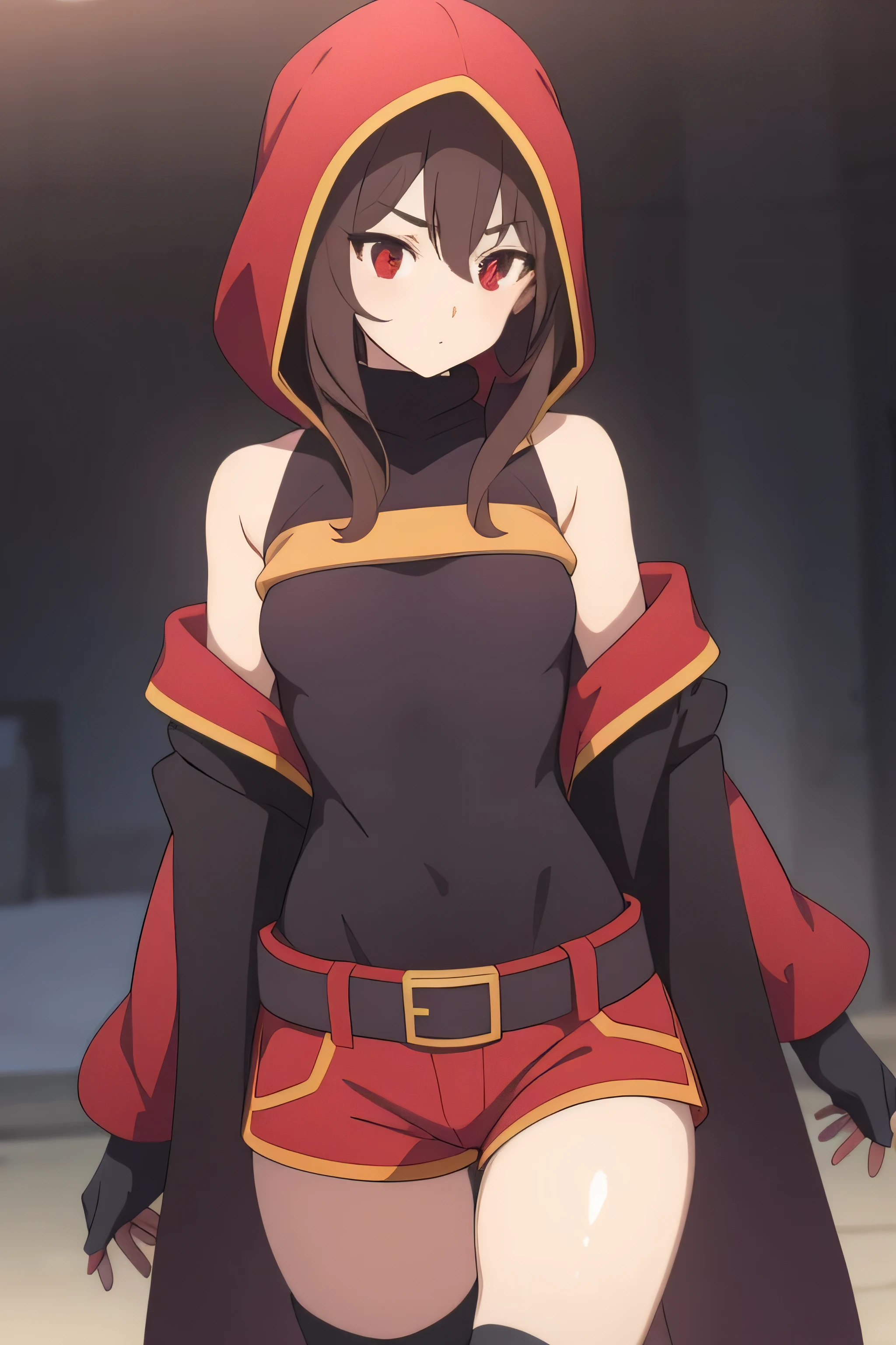 1 girl,hijab,brown hair,hair between eyes,red eyes,long sleeves,bare shoulders,black gloves,red bra,medium breasts,looking at viewer,shorts,anime style,