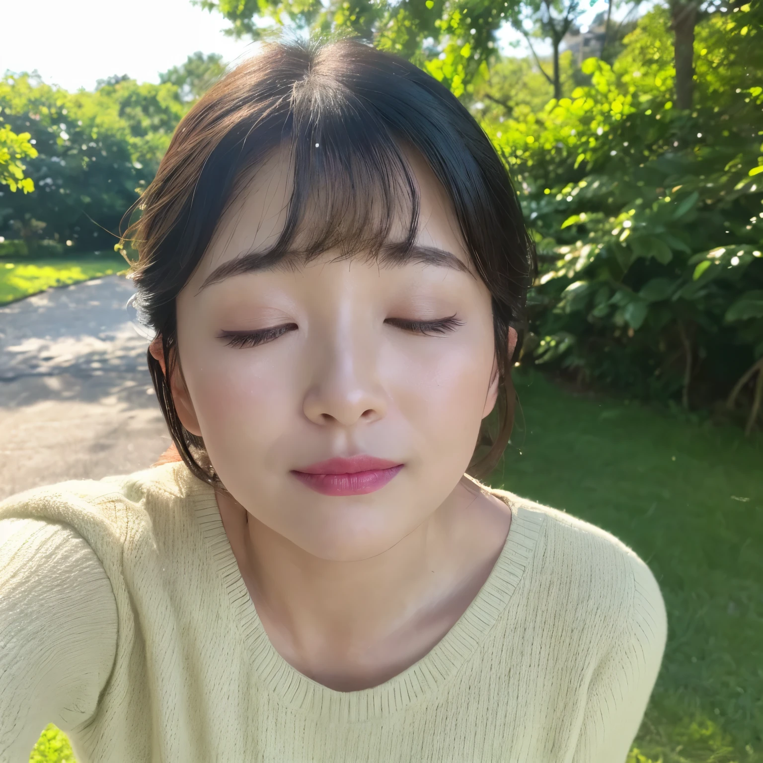 (highest quality、table top、8K、best image quality、Award-winning work)、(1 mature woman:1.1)、(45 years old:1.1)、(eyes completely closed:1.1)、(closed lips:1.1)、(bring your face closer:1.1)、(please bring your lips close to me:1.1)、(close up of face:1.3)、(Selfie with arms outstretched:1.5)、(perfect knit sweater:1.1)、(完璧に整備された美しい公園のblurred background:1.1)、summer landscape、(上品に立っている女性のclose up of face:1.1)、The most natural and perfect park background、very bright and refreshing、(very bright and vivid:1.2)、(Beautiful skin that shines brightly:1.3)、beautiful shining leaves、beautiful sunlight filtering through the foliage、(blurred background:1.1)、epic movie lighting、beautiful shiny lipstick、perfect makeup、Ultra high definition beauty face、ultra high definition hair、(Super high definition and beautiful closed eyelids:1.1)、(Ultra high resolution bright and glowing skin:1.2)、(Super high resolution glossy lips:1.1)、(face facing forward:1.2)、(body facing forward:1.2)、(lowered eyebrows:1.1)、(troubled face:1.1)