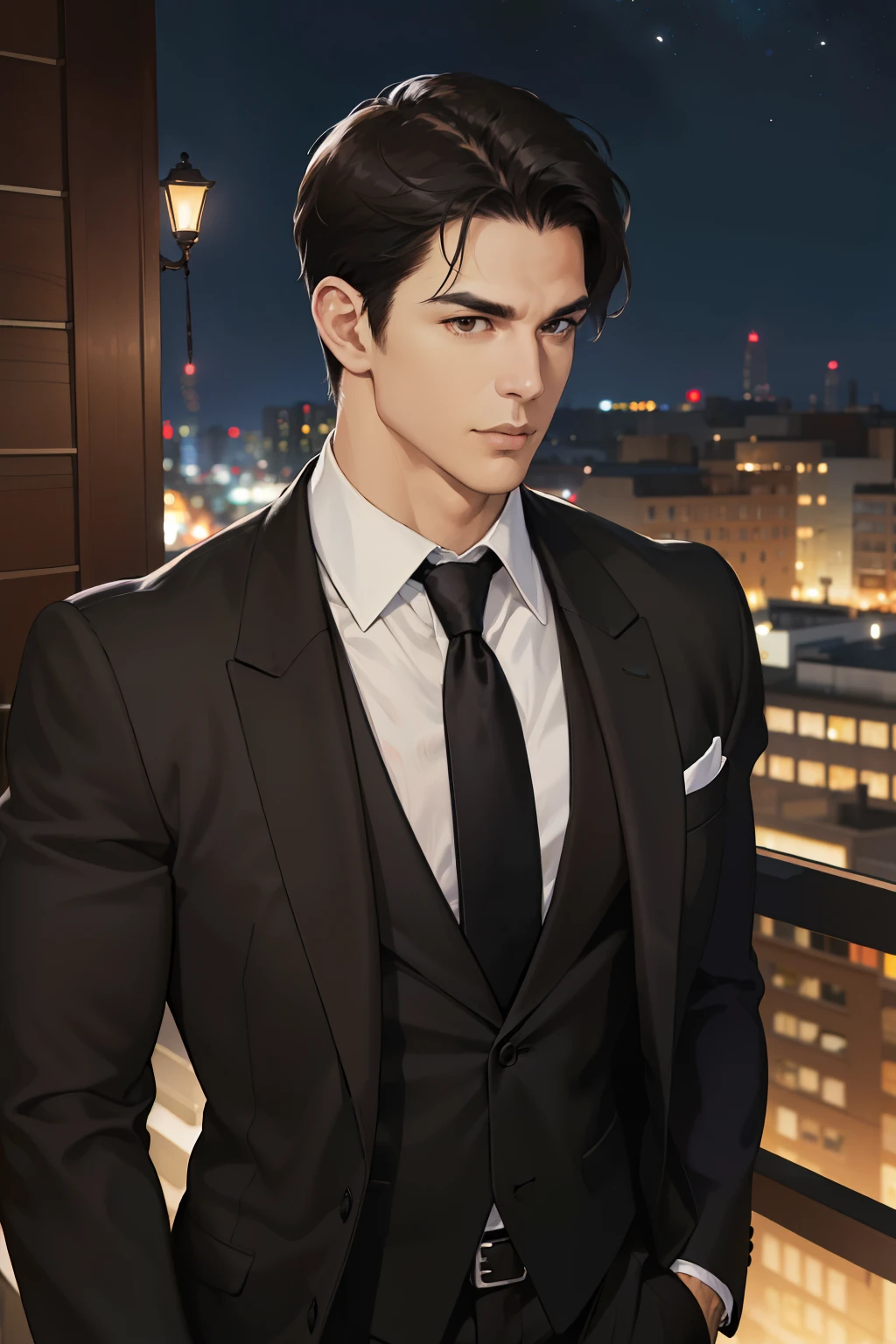 (absurdres, highres, ultra detailed, realistic, ), 1 male, solo, adult, mature, tall muscular guy, broad shoulders, handsome, very short hair, black hair, brown eyes, angular jaw, thick neck, thick eyebrows, night, dark, the night view of the city background, formal suit, necktie, upper body