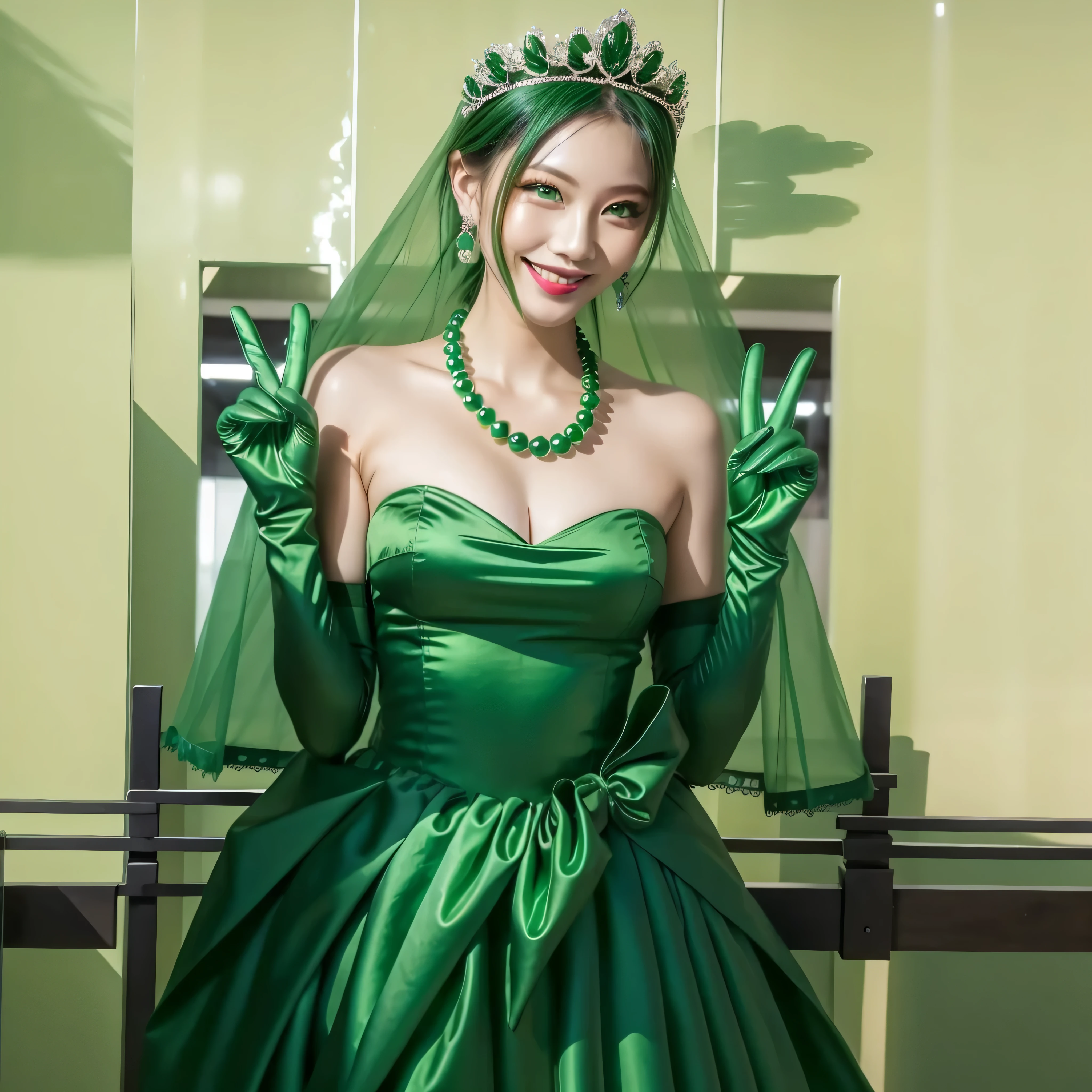 emerald tiara, green pearl necklace, boyish very short green hair, green lips, smiling Japanese woman, very short hair, Beautiful woman with big breasts, green eyes, green satin long gloves, green eyes, emerald earrings, green veil, Heart with both hands, green hair, beautiful japanese woman, V sign, green lip gloss