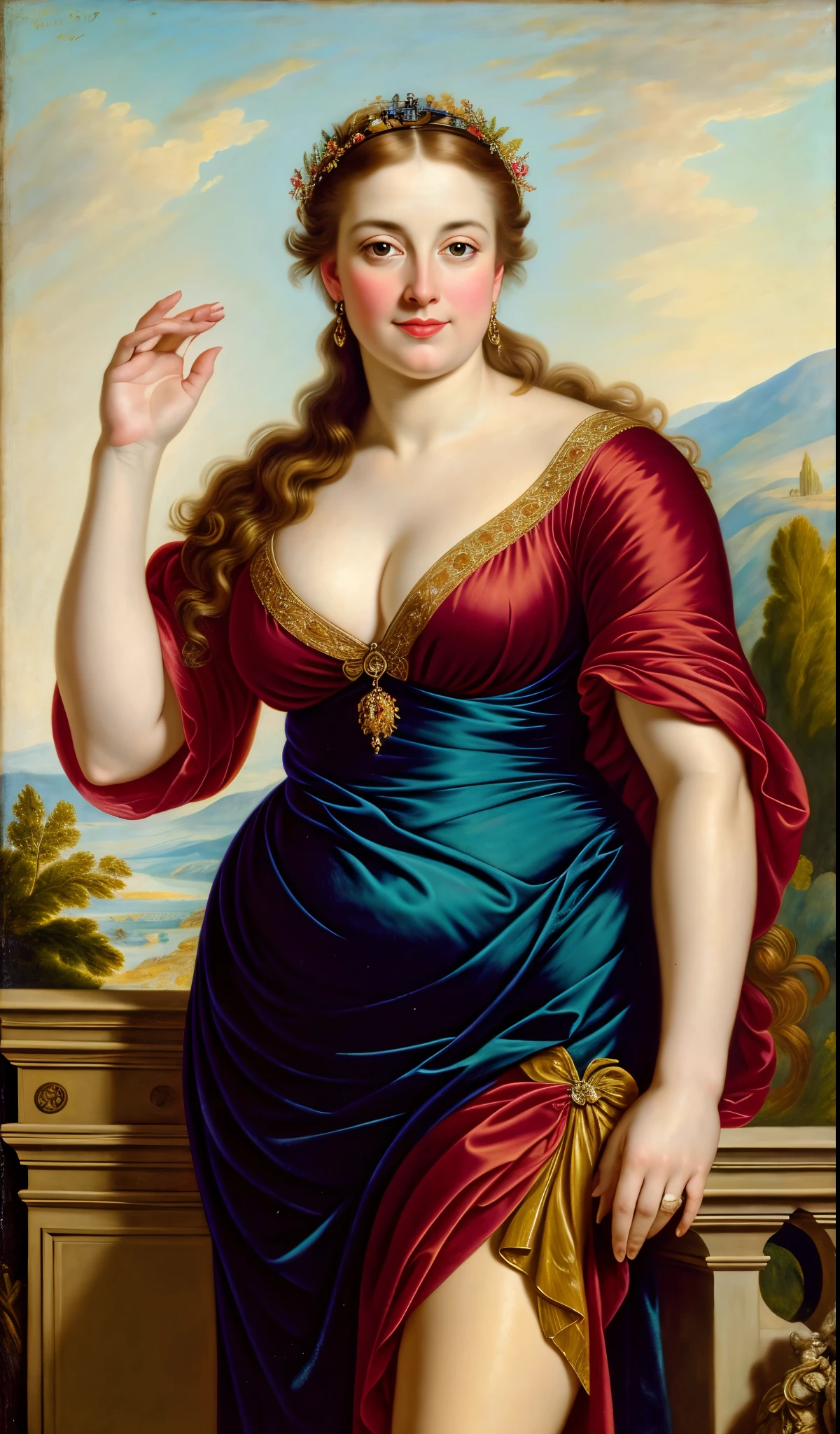 Original Character, ethereal beauty, aesthetic, Masterpiece, 45 years old Woman, thick figure, Full figured lady, middle aged beautiful woman, Best quality, high clarity eyes, critically flawless,sharp picture, styled hair, long hair, fluffy hair, Full portrait, High pixels, perfect face, perfect eyes, beautiful face, perfect hands,perfect fingers, in Peter Paul Rubens style, by Peter Paul Rubens, baroque style, acrylic on canvas, highly detailed, description: "Create a nymph inspired by the tales of Greek or Roman mythology, embodying the essence of a natural element or location, and possessing a unique ability or trait that sets her apart."