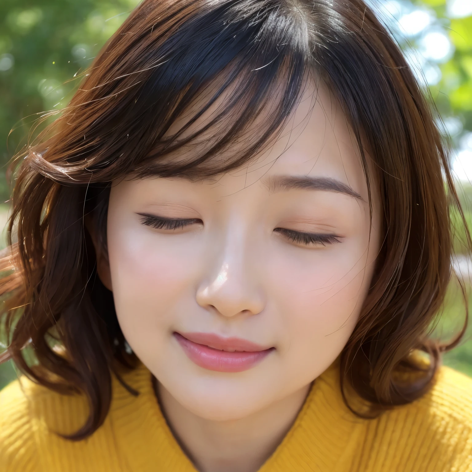 (highest quality、table top、8K、best image quality、Award-winning work)、(1 mature woman:1.1)、(45 years old:1.1)、(eyes completely closed:1.1)、(closed lips:1.1)、(bring your face closer:1.1)、(please bring your lips close to me:1.1)、(close up of face:1.3)、(Selfie with arms outstretched:1.5)、(perfect knit sweater:1.1)、elegant long wavy hair、(完璧に整備された美しい公園のblurred background:1.1)、summer landscape、(上品に立っている女性のclose up of face:1.1)、The most natural and perfect park background、very bright and refreshing、(very bright and vivid:1.2)、(Beautiful skin that shines brightly:1.3)、beautiful shining leaves、beautiful sunlight filtering through the foliage、(blurred background:1.1)、epic movie lighting、beautiful shiny lipstick、perfect makeup、Ultra high definition beauty face、ultra high definition hair、(Super high definition and beautiful closed eyelids:1.1)、(Ultra high resolution bright and glowing skin:1.2)、(Super high resolution glossy lips:1.1)、(face facing forward:1.2)、(body facing forward:1.2)、(lowered eyebrows:1.1)、(troubled face:1.1)