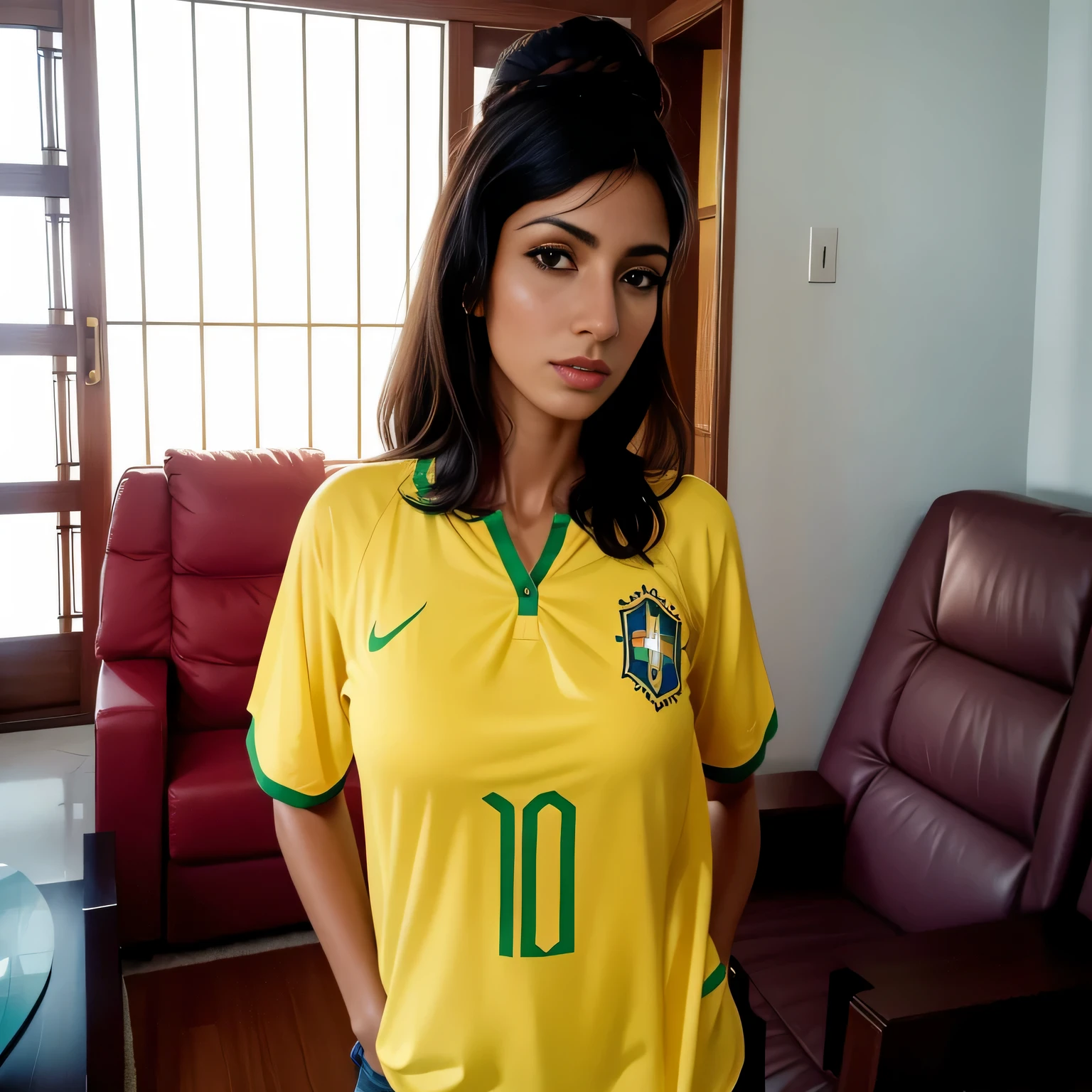 arafed woman in a yellow shirt standing in a living room, fernanda suarez, brazilian, caroline gariba, brasil, malika favre, looks like fabiula nascimento, 3 5 year brazilian mother, inspired by Maria Helena Vieira da Silva, inspired by Almada Negreiros, in sao paulo