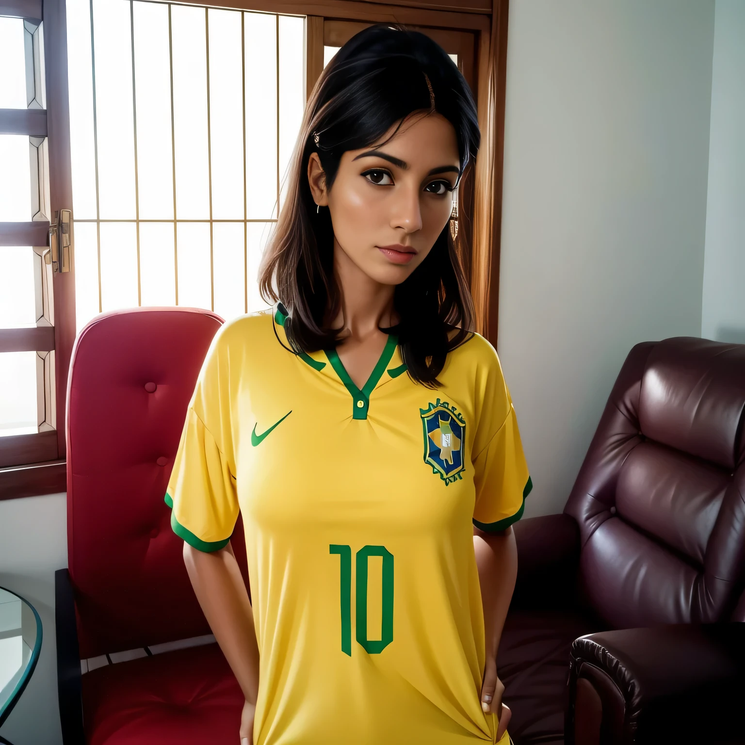 arafed woman in a yellow shirt standing in a living room, fernanda suarez, brazilian, caroline gariba, brasil, malika favre, looks like fabiula nascimento, 3 5 year brazilian mother, inspired by Maria Helena Vieira da Silva, inspired by Almada Negreiros, in sao paulo
