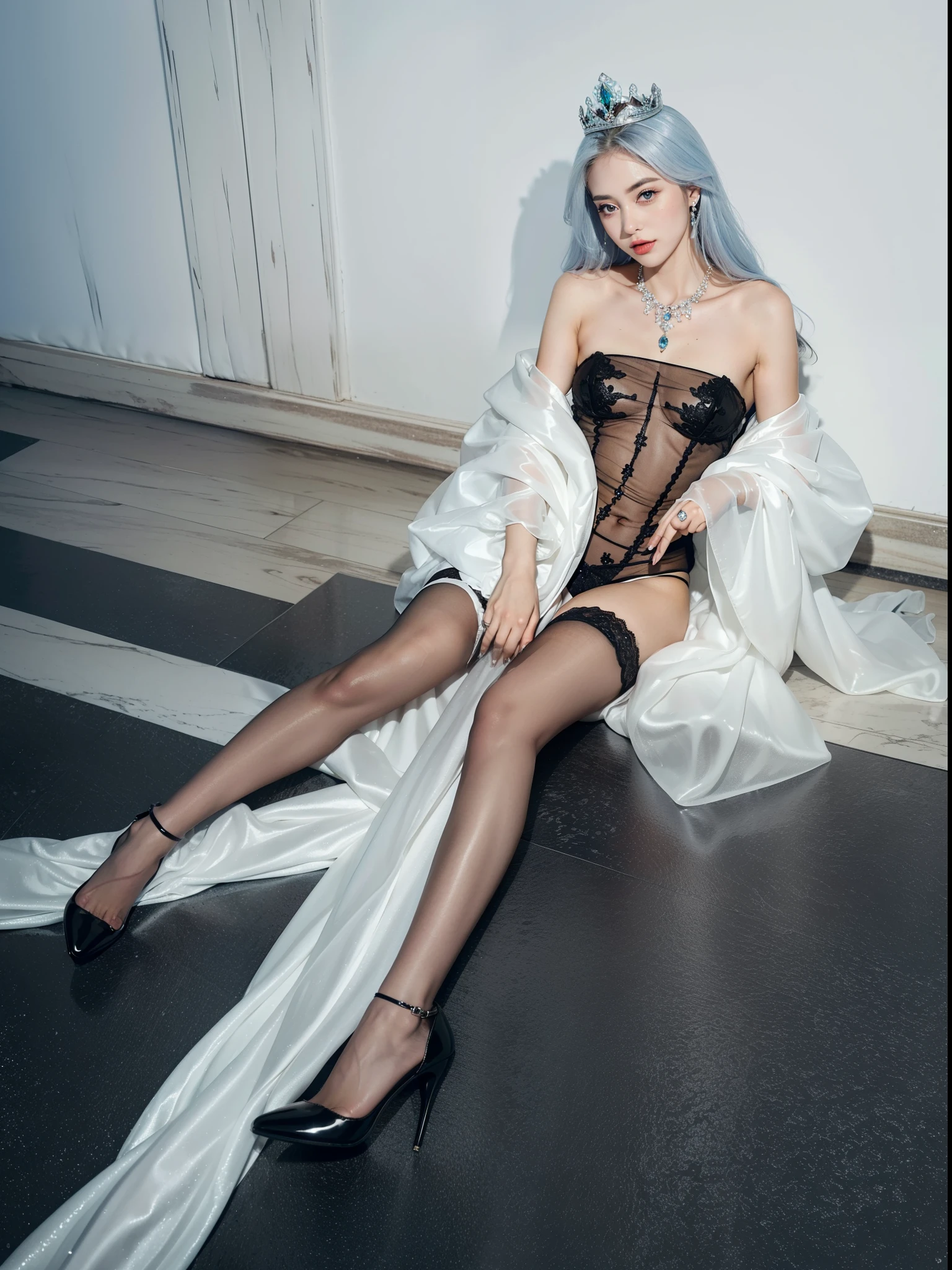 Royal sister,exquisite eyes,ice queen,put the crown on your head,Detailed facial expressions body,tall figure,Gorgeous,Leg length,4K,HD,Sensual,translucent lace,白皙plump figure,pretty face,Little cherry mouth,beautiful and delicious(3D royal sister),plump figure,gloss gel coat,Queen in luxurious dress,Crystal Gem Crown,Necklace jewelry,Fingers neat,stockings,Wear black high heels,sit on the floor