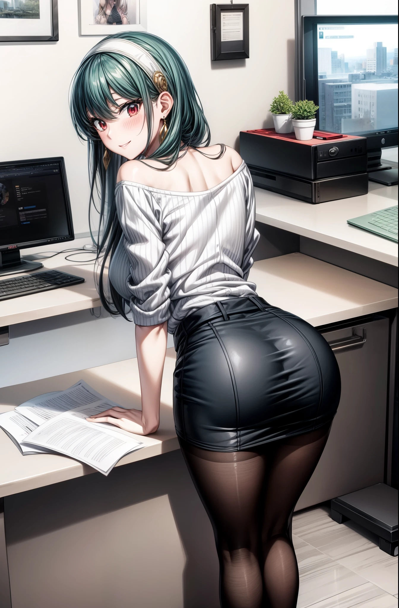 there is a woman in a skirt and a shirt sitting at a desk, seductive anime girl, beautiful anime girl squatting, smooth anime cg art, office clothes, in the office, on a desk, attractive anime girl, bending over, ecchi anime style, in an office, sitting on a desk, sat at her desk, digital anime art, digital anime illustration, black stocking colors, black pantyhose colors, gaze looking at the camera, masterpiece, best quality, highres, bbyorf, short hair with long locks, white hairband, red eyes, gold earrings, large breasts, jewelry, off shoulder, red sweater, sweater dress, long sleeves, black pantyhose, outdoors, standing cowboy shot, smile, black hair colors,