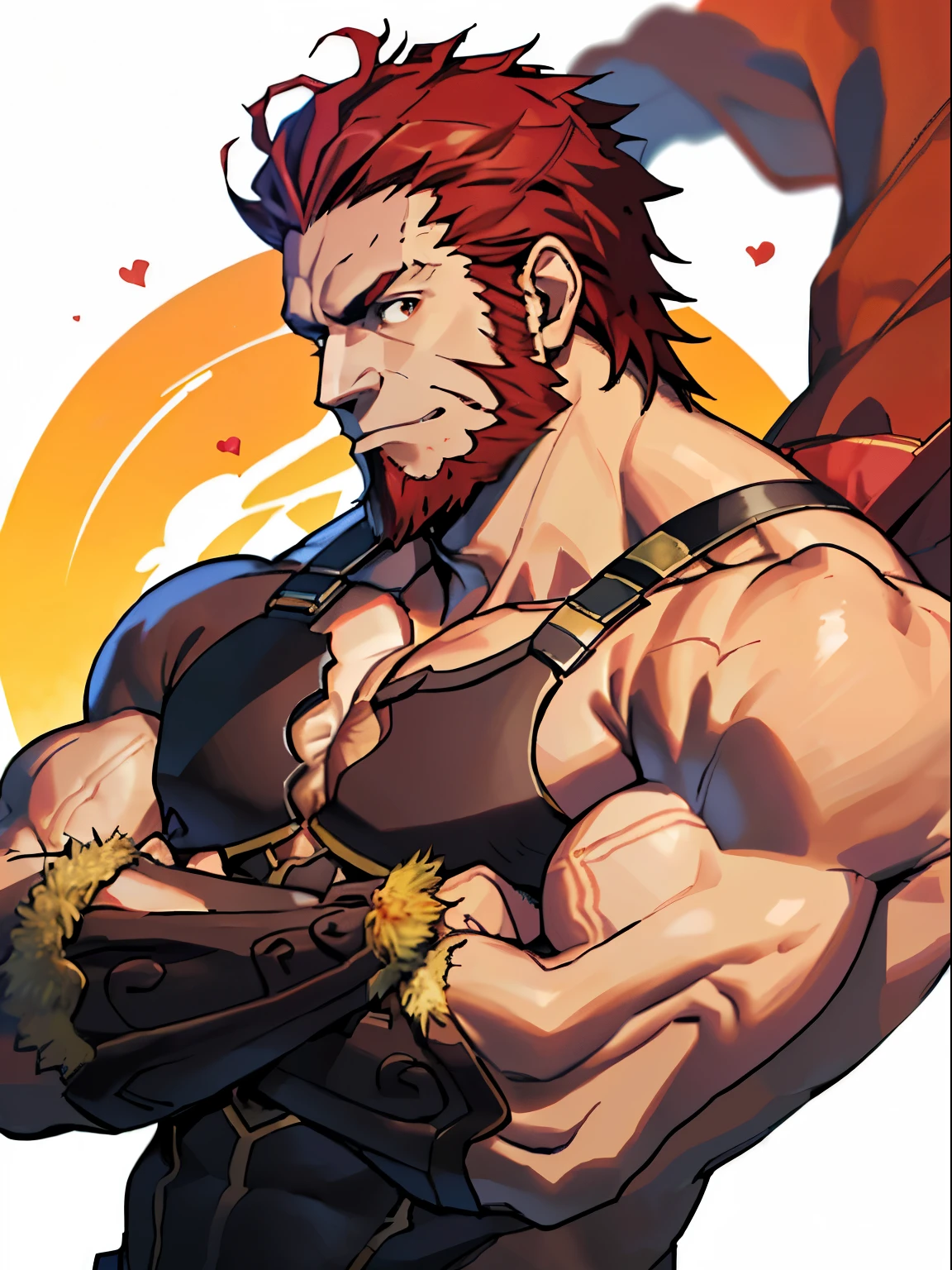 ((apasionado, romantic),(Piece of bara with bulging muscles and robust features, anatomically correct), fate zero, happy, iskandar, topless, atacando en plena batalla
