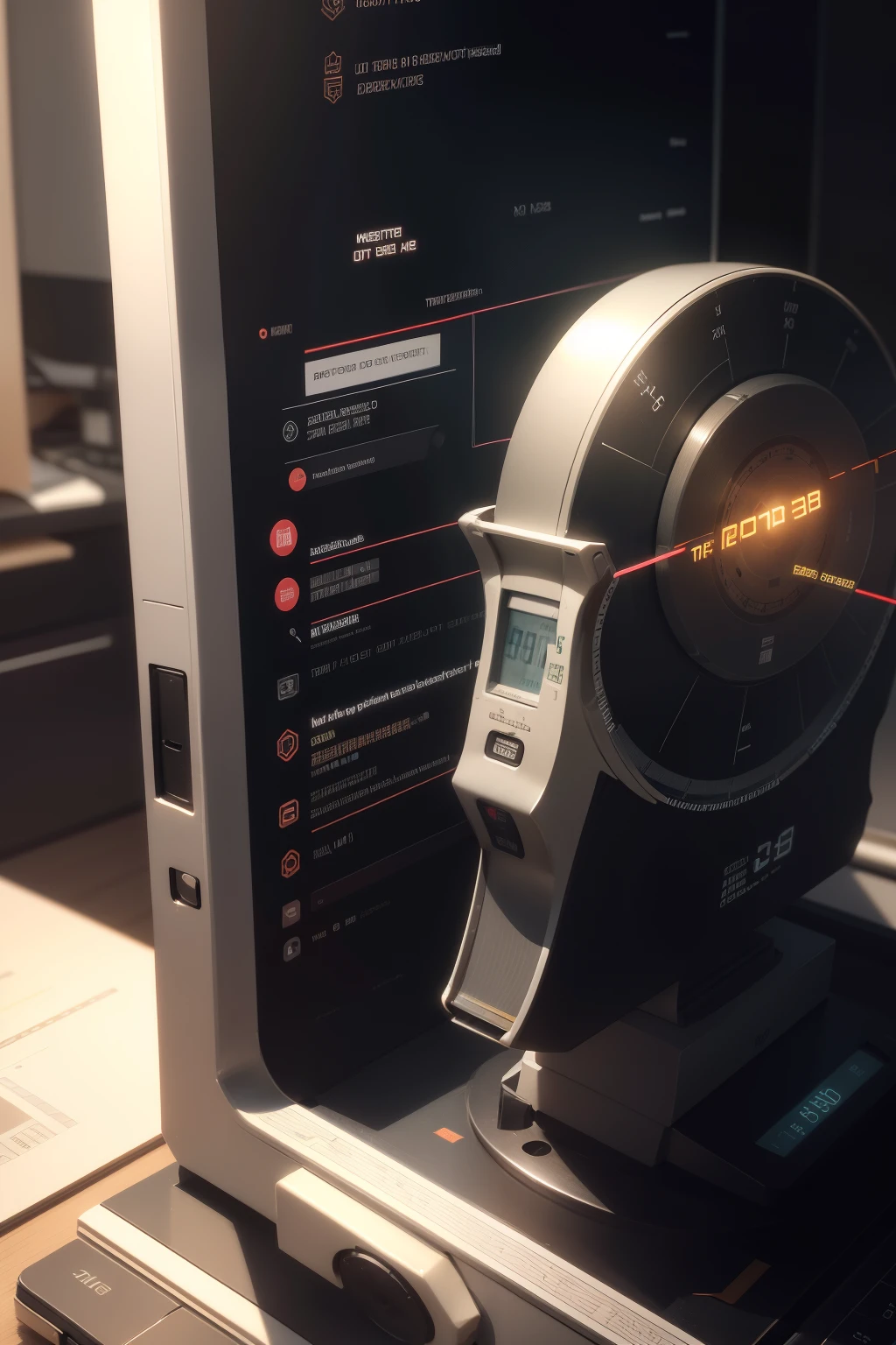 A tape measurer, with its metallic sheen and numbers etched into its length, is wrapped around the sleek, digital surface of an analytics dashboard. The numbers on the tape seem to pulse with each new data point, measuring and quantifying every digital interaction, click, and impression that passes through the system. The combination of the tangible and the intangible creates an intriguing interplay between the past and the present, the physical and the digital, in the heart of data analysis.