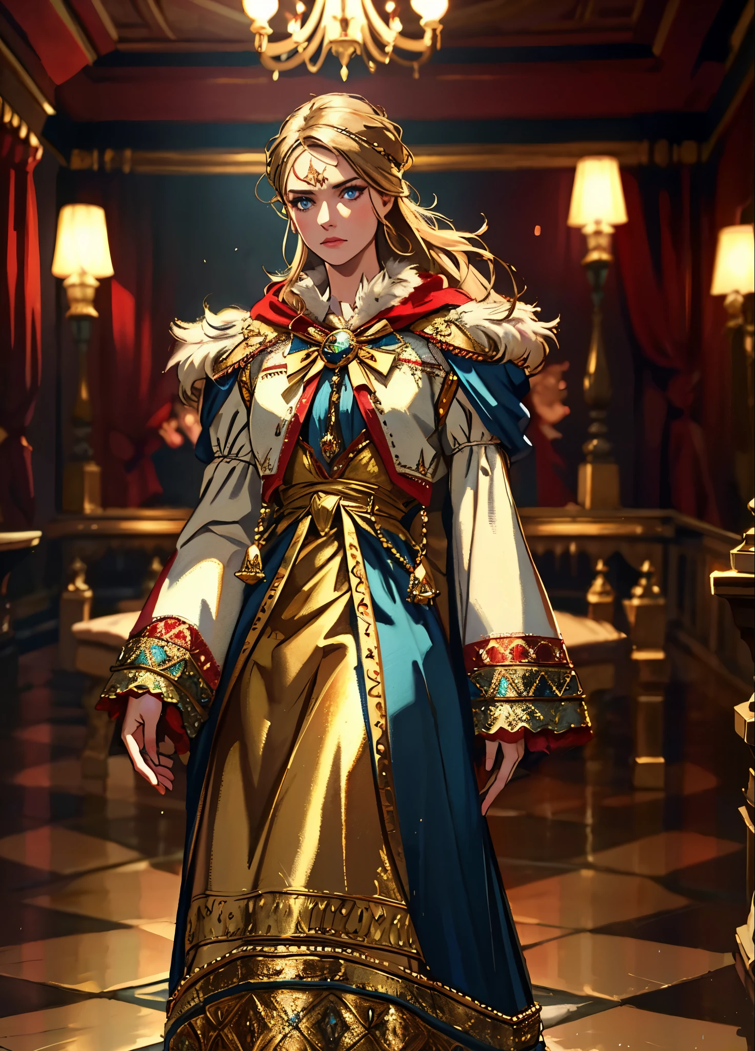 A girl with long golden hair, choppy bangs, Nordic heritage, a petite figure, delicate facial features, pale skin, porcelain skin, an innocent yet determined gaze, she wears an exquisite headband, dressed in a two-piece fantasy-style Slavic royal gown, a fur shawl draped over her shoulders, wide sleeves, a luxurious layered skirt, the background features a fantasy-style royal castle, this character embodies a finely crafted fantasy-style Slavic princess in anime style, exquisite and mature manga art style, high definition, best quality, highres, ultra-detailed, ultra-fine painting, extremely delicate, professional, anatomically correct, symmetrical face, extremely detailed eyes and face, high quality eyes, creativity, RAW photo, UHD, 32k, Natural light, cinematic lighting, masterpiece-anatomy-perfect, masterpiece:1.5