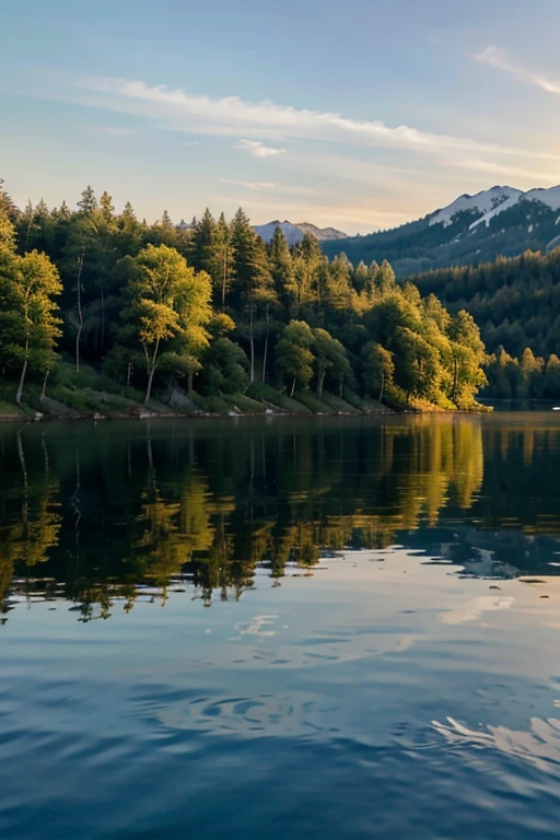 Sunset over a calm lake with forested hills and reflection of the su on the water surface, sunrise over a serene lake with moutainous terrain and reflection of the celestial body on the water surface
