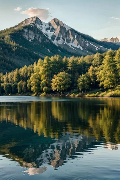 Sunset over a calm lake with forested hills and reflection of the su on the water surface, sunrise over a serene lake with moutainous terrain and reflection of the celestial body on the water surface