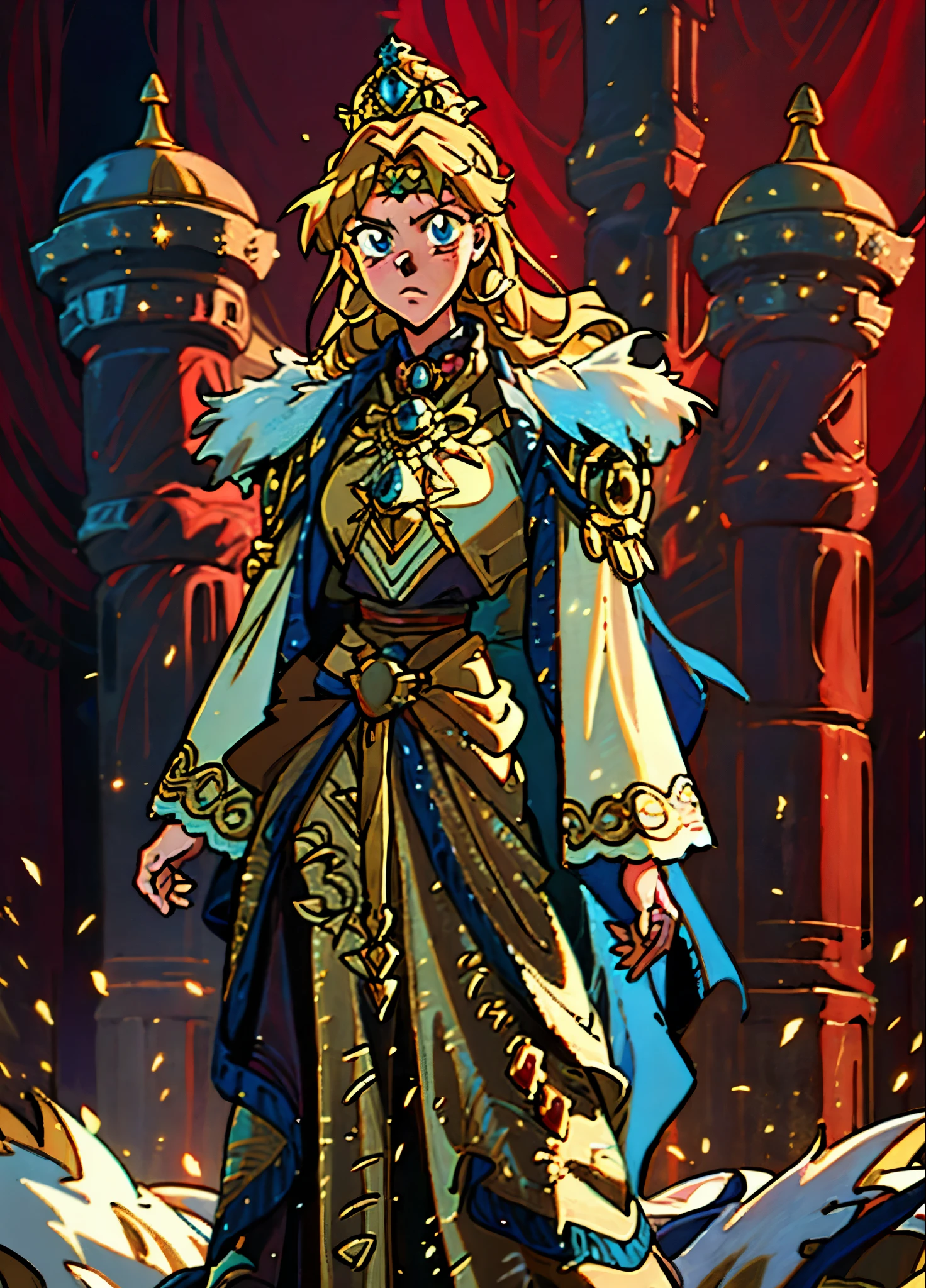 A girl with long golden hair, choppy bangs, Nordic heritage, a petite figure, delicate facial features, pale skin, porcelain skin, an innocent yet determined gaze, she wears an exquisite headband, dressed in a fantasy-style Slavic royal dress, a fur shawl draped over her shoulders, wide sleeves, a luxurious layered skirt, the background features a fantasy-style royal castle, this character embodies a finely crafted fantasy-style Slavic princess in anime style, exquisite and mature manga art style, high definition, best quality, highres, ultra-detailed, ultra-fine painting, extremely delicate, professional, anatomically correct, symmetrical face, extremely detailed eyes and face, high quality eyes, creativity, RAW photo, UHD, 32k, Natural light, cinematic lighting, masterpiece-anatomy-perfect, masterpiece:1.5