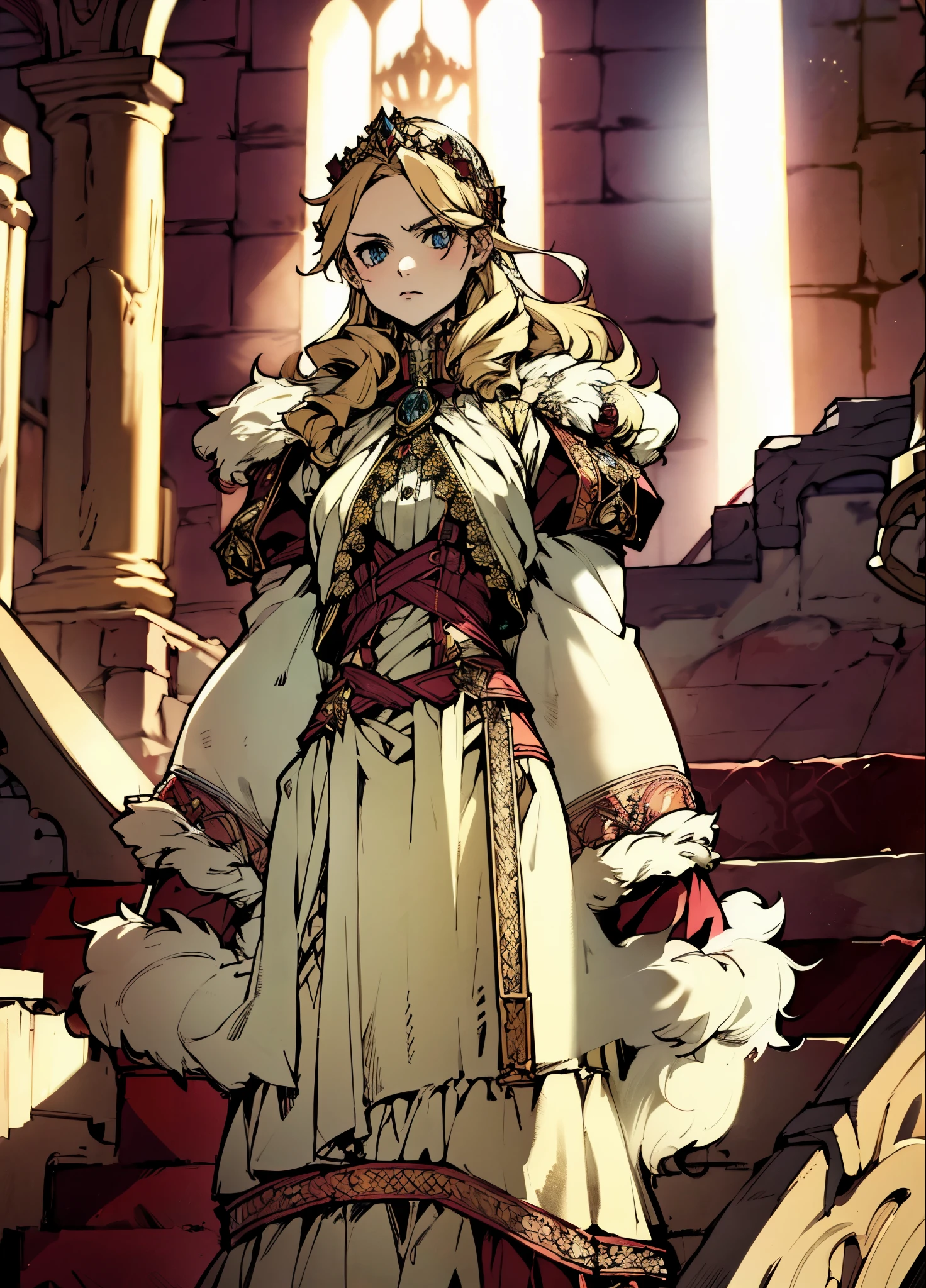 A girl with long golden hair, choppy bangs, Nordic heritage, a petite figure, delicate facial features, pale skin, porcelain skin, an innocent yet determined gaze, she wears an exquisite headband, dressed in a two-piece fantasy-style Slavic royal gown, a fur shawl draped over her shoulders, wide sleeves, a luxurious layered skirt, the background features a fantasy-style royal castle, this character embodies a finely crafted fantasy-style Slavic princess in anime style, exquisite and mature manga art style, high definition, best quality, highres, ultra-detailed, ultra-fine painting, extremely delicate, professional, anatomically correct, symmetrical face, extremely detailed eyes and face, high quality eyes, creativity, RAW photo, UHD, 32k, Natural light, cinematic lighting, masterpiece-anatomy-perfect, masterpiece:1.5