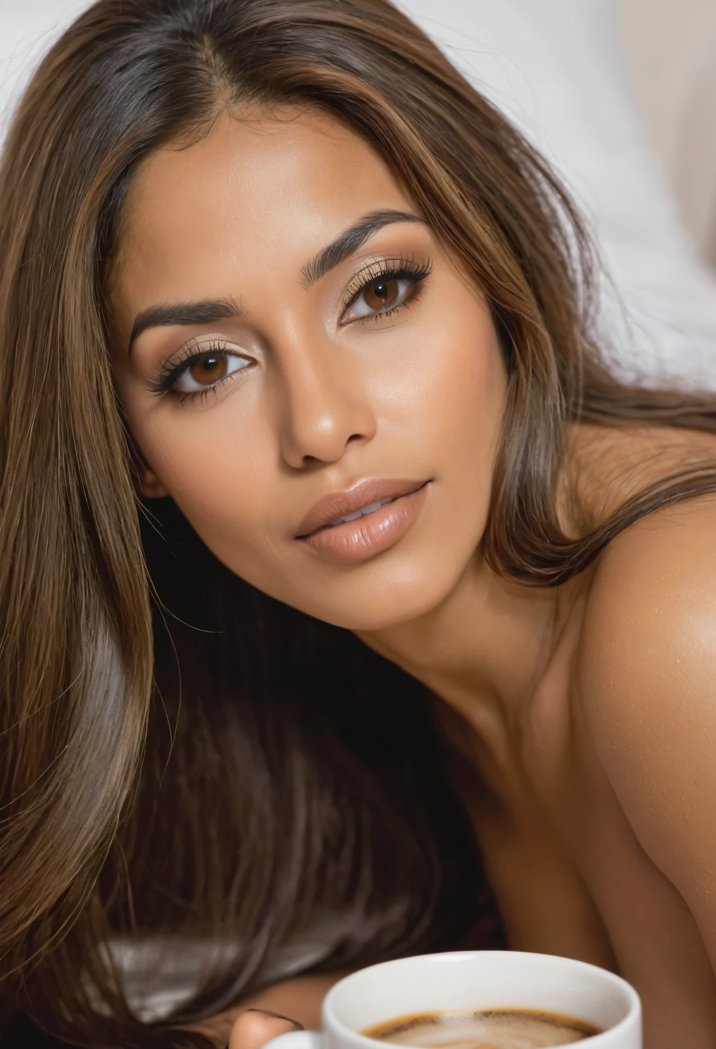 Latin woman with long brown hair, recostada en una cama, sIn ropa, ojos cafe claro, brown skin, lanzando un beso.