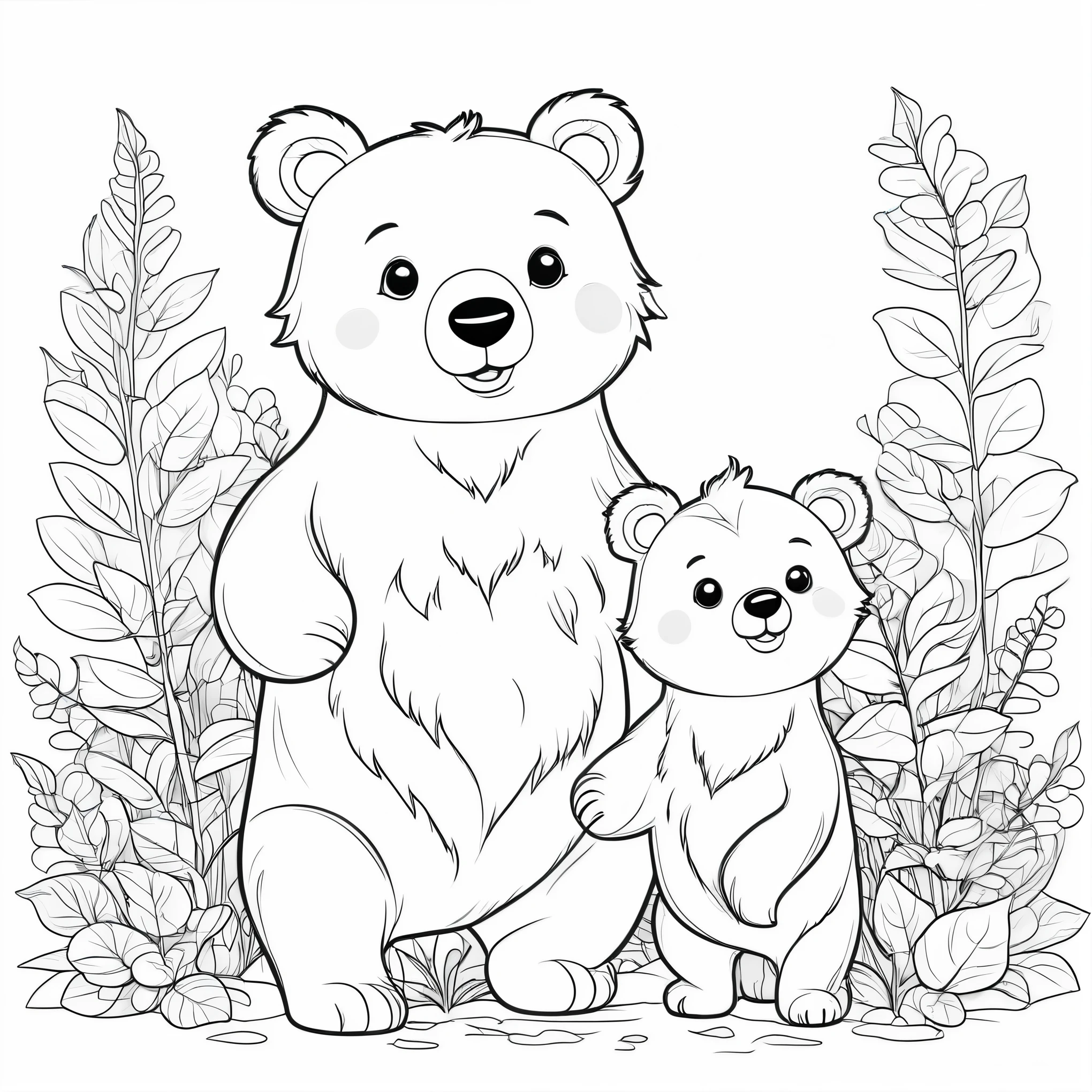 Cute and adorable  Bear and its Cub, coloring page for kids, happy, smiling, surrounded by plants, vector art, minimalistic, vector 2d, black lines white background, coloring page for beginners, vector illustration, pencil strokes, no color, drawing for coloring, white background, pixar style, black and white