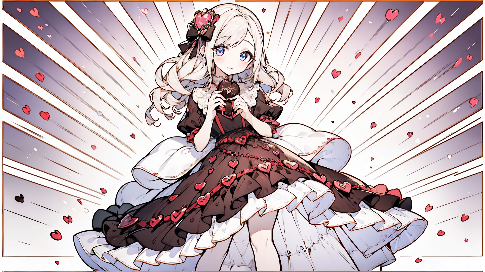 (((32k))), (16k), (8K), (4k), (((32k heart background))), (((pretty girl))), (((pretty girl))), (hermosos ojos de calidad), (linda sonrisa), (((vestido))), (valentine), ((holding chocolate heart)), 