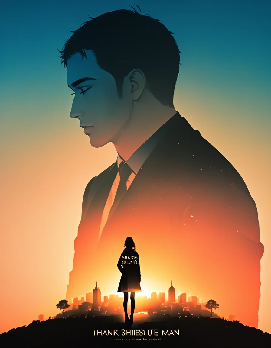 Cover &quot;thank&quot;，The silhouette of a resolute man is projected on the ground，double exposure