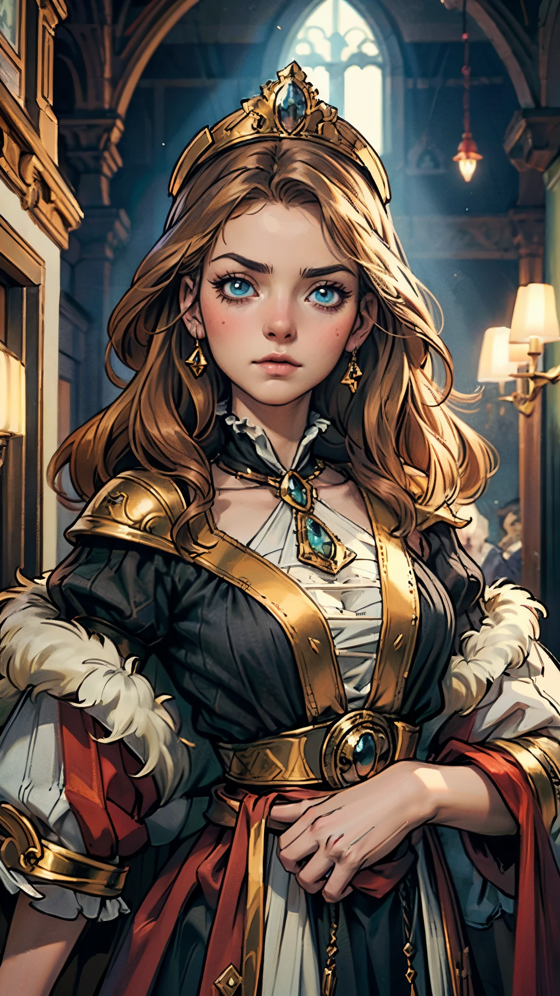 A girl with long golden hair, choppy bangs, Nordic heritage, a petite figure, delicate facial features, pale skin, porcelain skin, an innocent yet determined gaze, she wears an exquisite headband, dressed in a two-piece fantasy-style Slavic royal gown, a fur shawl draped over her shoulders, wide sleeves, a luxurious layered skirt, the background features a fantasy-style royal castle, this character embodies a finely crafted fantasy-style Slavic princess in anime style, exquisite and mature manga art style, high definition, best quality, highres, ultra-detailed, ultra-fine painting, extremely delicate, professional, anatomically correct, symmetrical face, extremely detailed eyes and face, high quality eyes, creativity, RAW photo, UHD, 32k, Natural light, cinematic lighting, masterpiece-anatomy-perfect, masterpiece:1.5