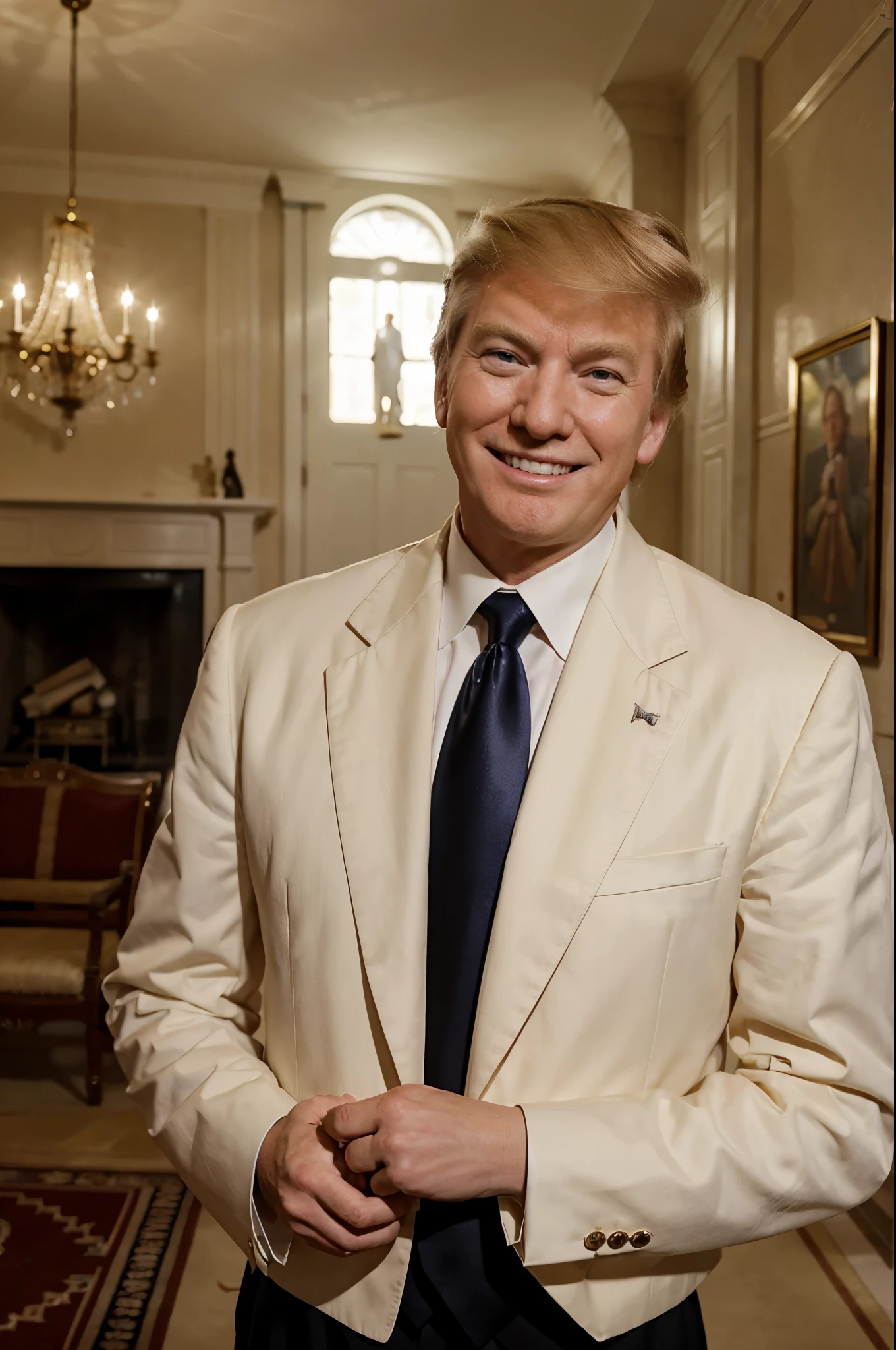 Donald trump as a mormon with a book of mormon in his hand in a mansion smiling