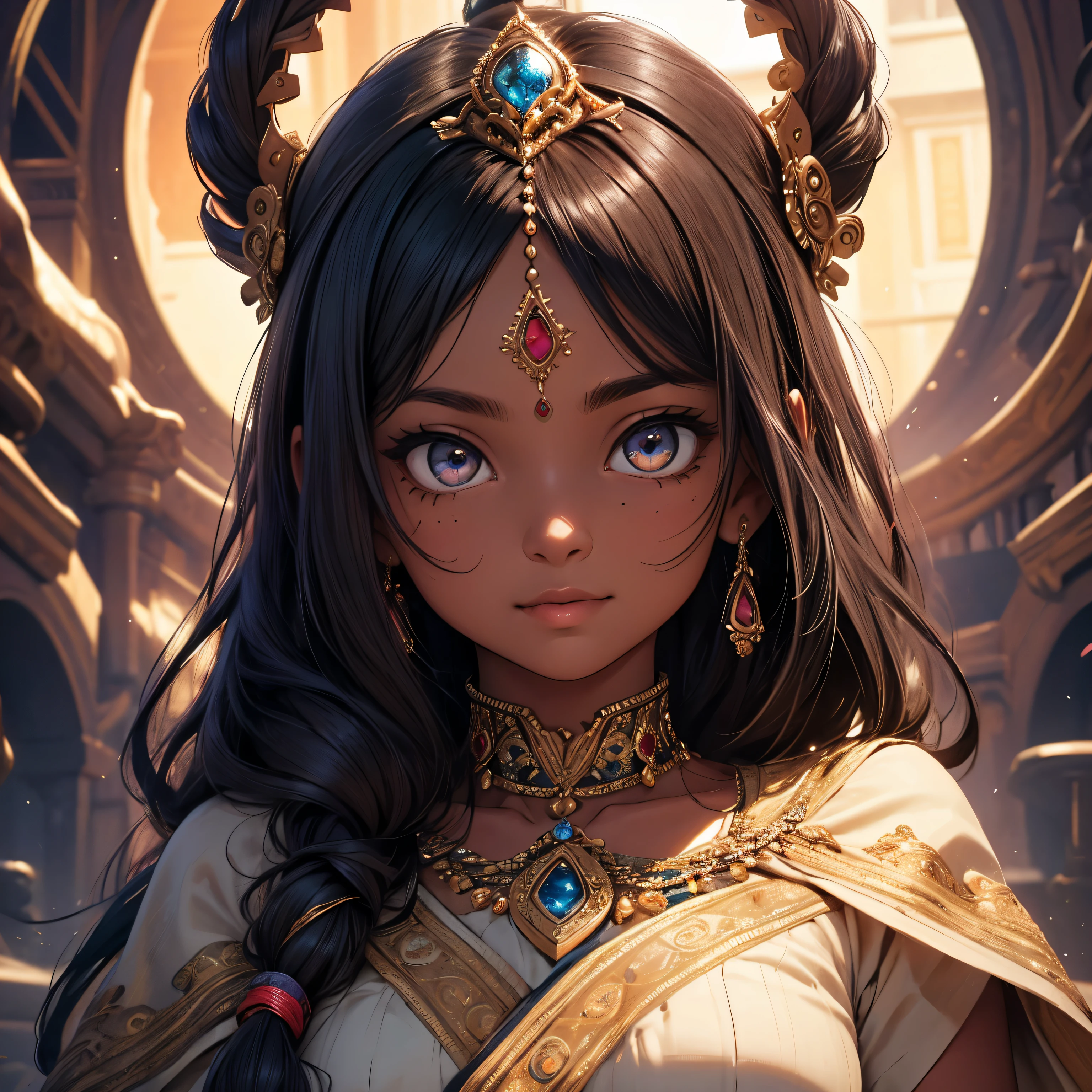 young Indian girl, dark complection, 18-year-old,an indian girl,solo,masterpiece,best quality,highres, dark skin, indian clothes,Extreme detaildelicate face,Extreme detaildelicate eyes,(face alignment),Exquisite hairstyle,light-colored lips,A charming smile.Strong sense of detail and layer,rich and gorgeous color,with a unique sense of texture, Rich color, color harmony, vivid painting ,design,16k,hyper detailed, abstractionism, cute big eyes, sparkles in eyes, red birthmark on her forhead