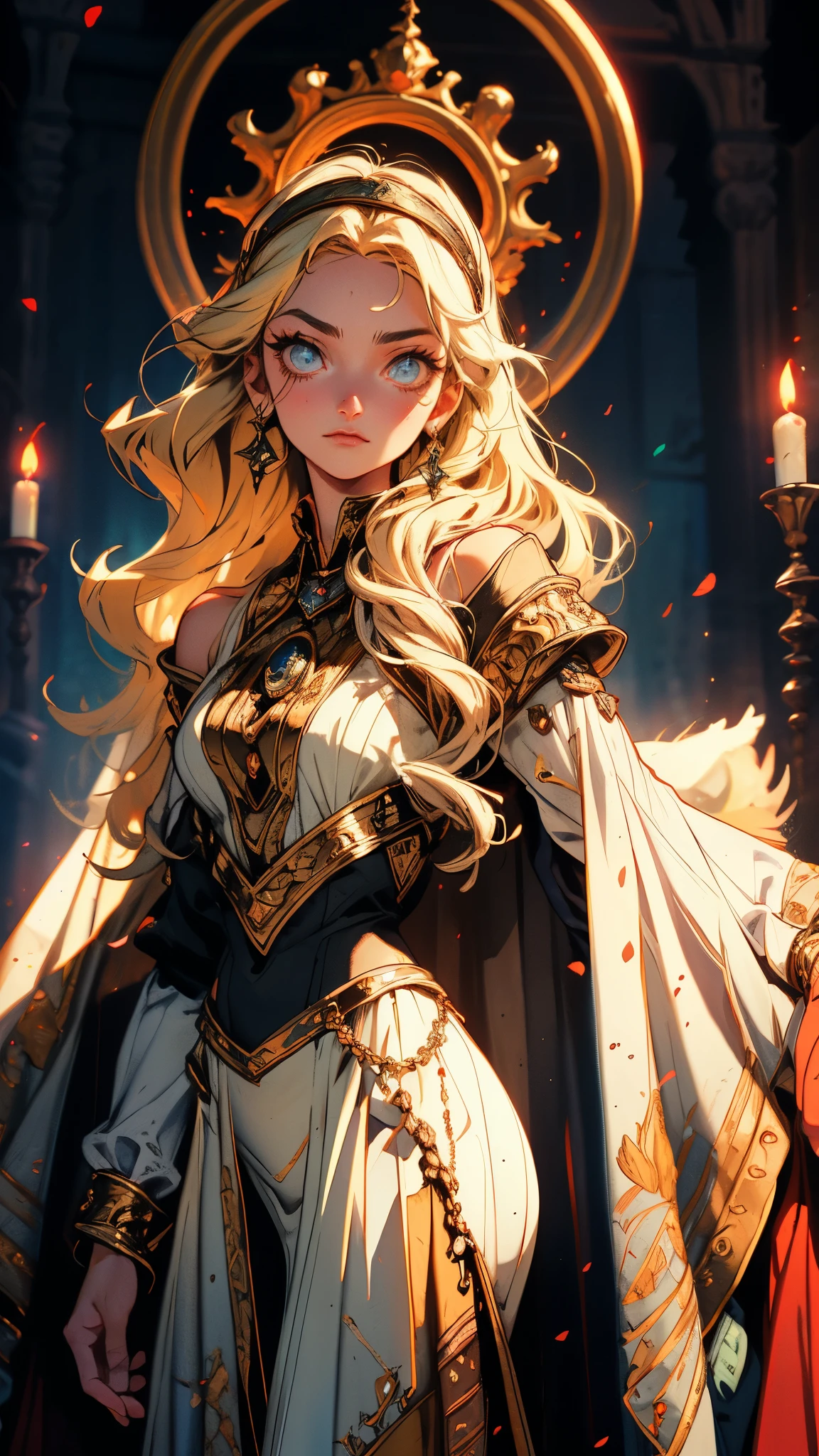 A girl with long golden hair, choppy bangs, Nordic heritage, a petite figure, delicate facial features, pale skin, porcelain skin, an innocent yet determined gaze, she wears an exquisite headband, dressed in a two-piece fantasy-style Slavic royal gown, a fur shawl draped over her shoulders, wide sleeves, a luxurious layered skirt, the background features a fantasy-style royal castle, this character embodies a finely crafted fantasy-style Slavic princess in anime style, exquisite and mature manga art style, high definition, best quality, highres, ultra-detailed, ultra-fine painting, extremely delicate, professional, anatomically correct, symmetrical face, extremely detailed eyes and face, high quality eyes, creativity, RAW photo, UHD, 32k, Natural light, cinematic lighting, masterpiece-anatomy-perfect, masterpiece:1.5