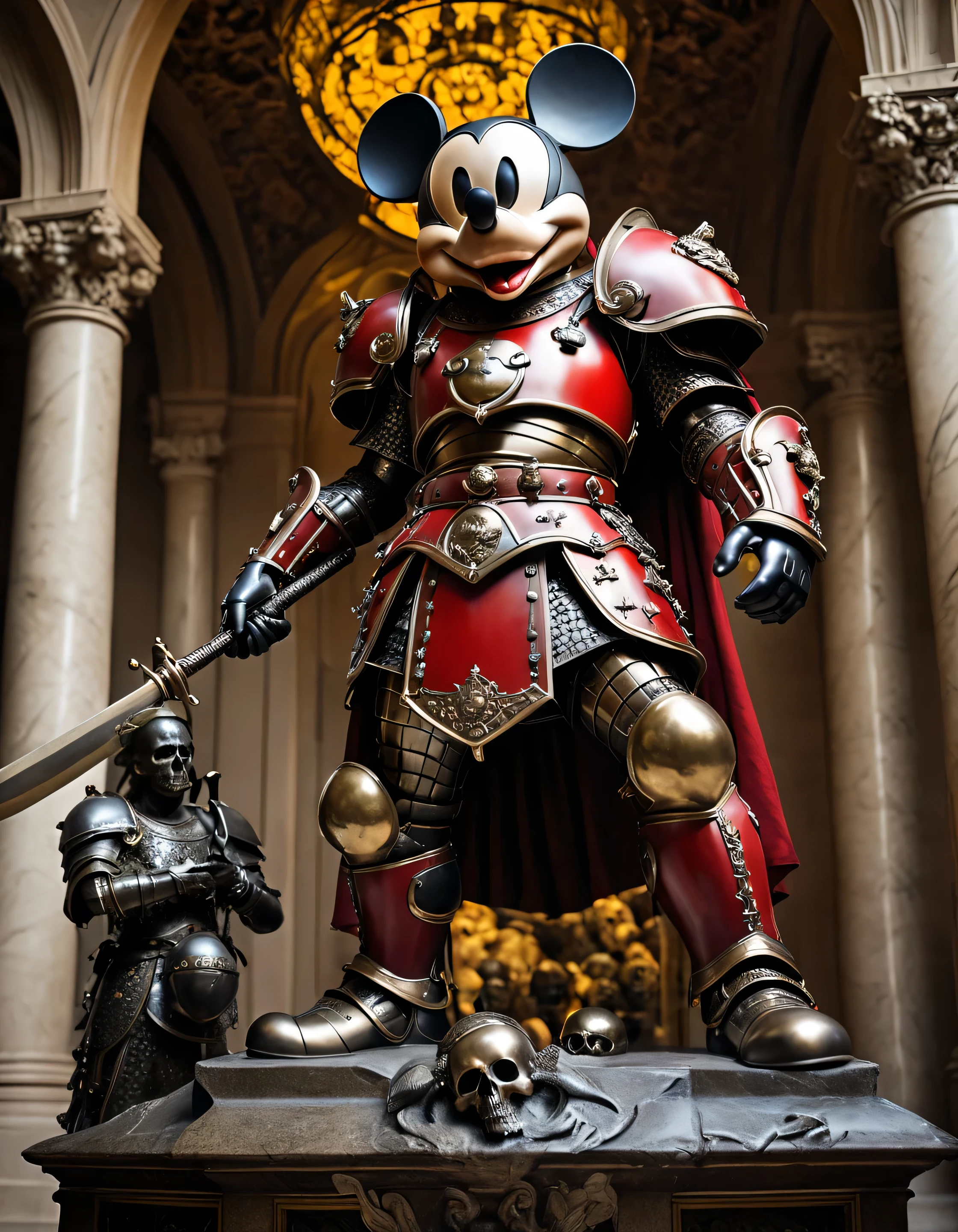 Photo of a statue of mickey-mouse as a (war-god) displayed in a museum holding skulls weapons gothic armor shoulderplates low-angle focused professional lighting (detailed highres high quality high saturation film-grain) red