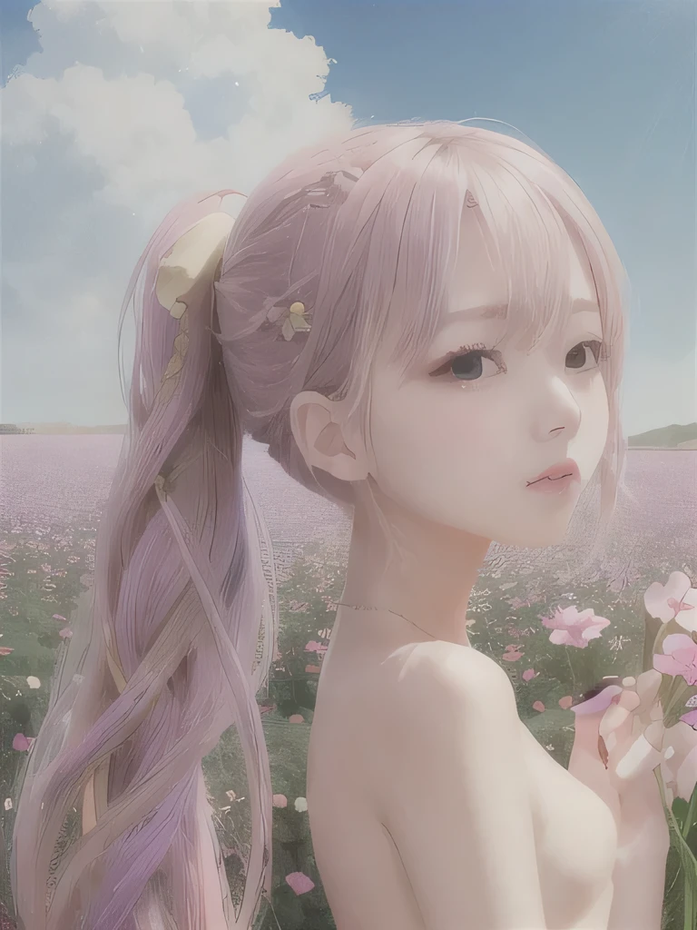 1 girl, alone, naked legs, flower, long hair, null, completely naked, flower petals, outdoor, holding, holding flower, cloud, pink hair, Wind, field、Small breasts、upper body close-up、16K、She is the flower spirit、flower decoration、、Braid、flower headband、ponytail、Now naked、naked、