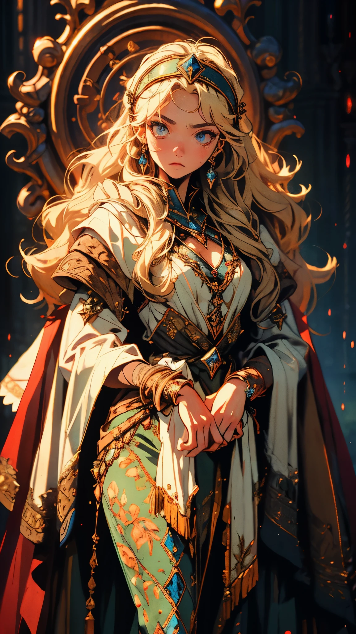 A girl with long golden hair, choppy bangs, Nordic heritage, a petite figure, delicate facial features, pale skin, porcelain skin, an innocent yet determined gaze, she wears an exquisite headband, dressed in a two-piece fantasy-style Slavic royal gown, a fur shawl draped over her shoulders, wide sleeves, a luxurious layered skirt, the background features a fantasy-style royal castle, this character embodies a finely crafted fantasy-style Slavic princess in anime style, exquisite and mature manga art style, high definition, best quality, highres, ultra-detailed, ultra-fine painting, extremely delicate, professional, anatomically correct, symmetrical face, extremely detailed eyes and face, high quality eyes, creativity, RAW photo, UHD, 32k, Natural light, cinematic lighting, masterpiece-anatomy-perfect, masterpiece:1.5