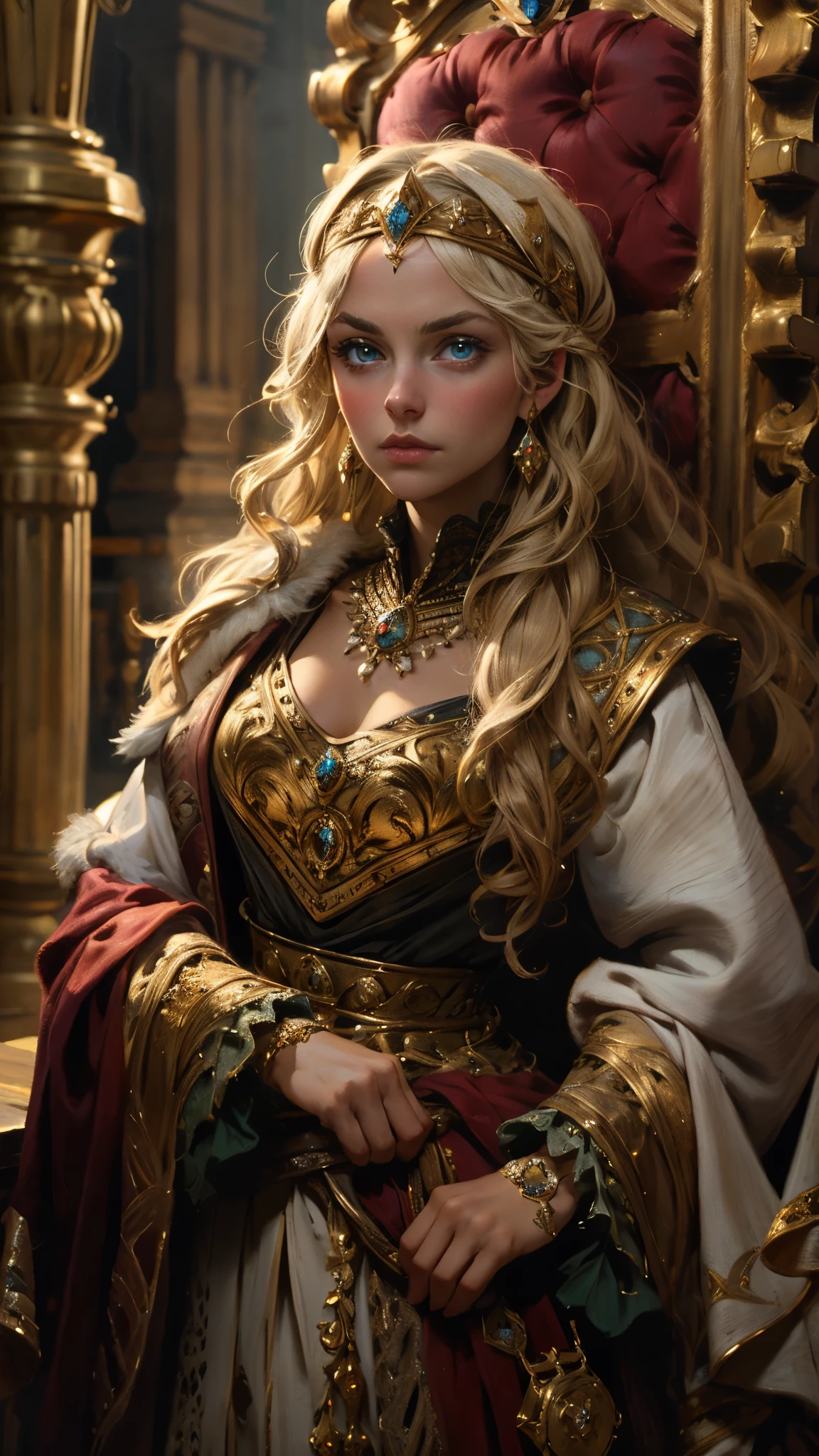 A girl with long golden hair, choppy bangs, Nordic heritage, a petite figure, delicate facial features, pale skin, porcelain skin, an innocent yet determined gaze, she wears an exquisite headband, dressed in a fantasy-style Slavic royal dress, a fur shawl draped over her shoulders, wide sleeves, a luxurious layered skirt, the background features a fantasy-style royal castle, this character embodies a finely crafted fantasy-style Slavic princess in anime style, exquisite and mature manga art style, high definition, best quality, highres, ultra-detailed, ultra-fine painting, extremely delicate, professional, anatomically correct, symmetrical face, extremely detailed eyes and face, high quality eyes, creativity, RAW photo, UHD, 32k, Natural light, cinematic lighting, masterpiece-anatomy-perfect, masterpiece:1.5