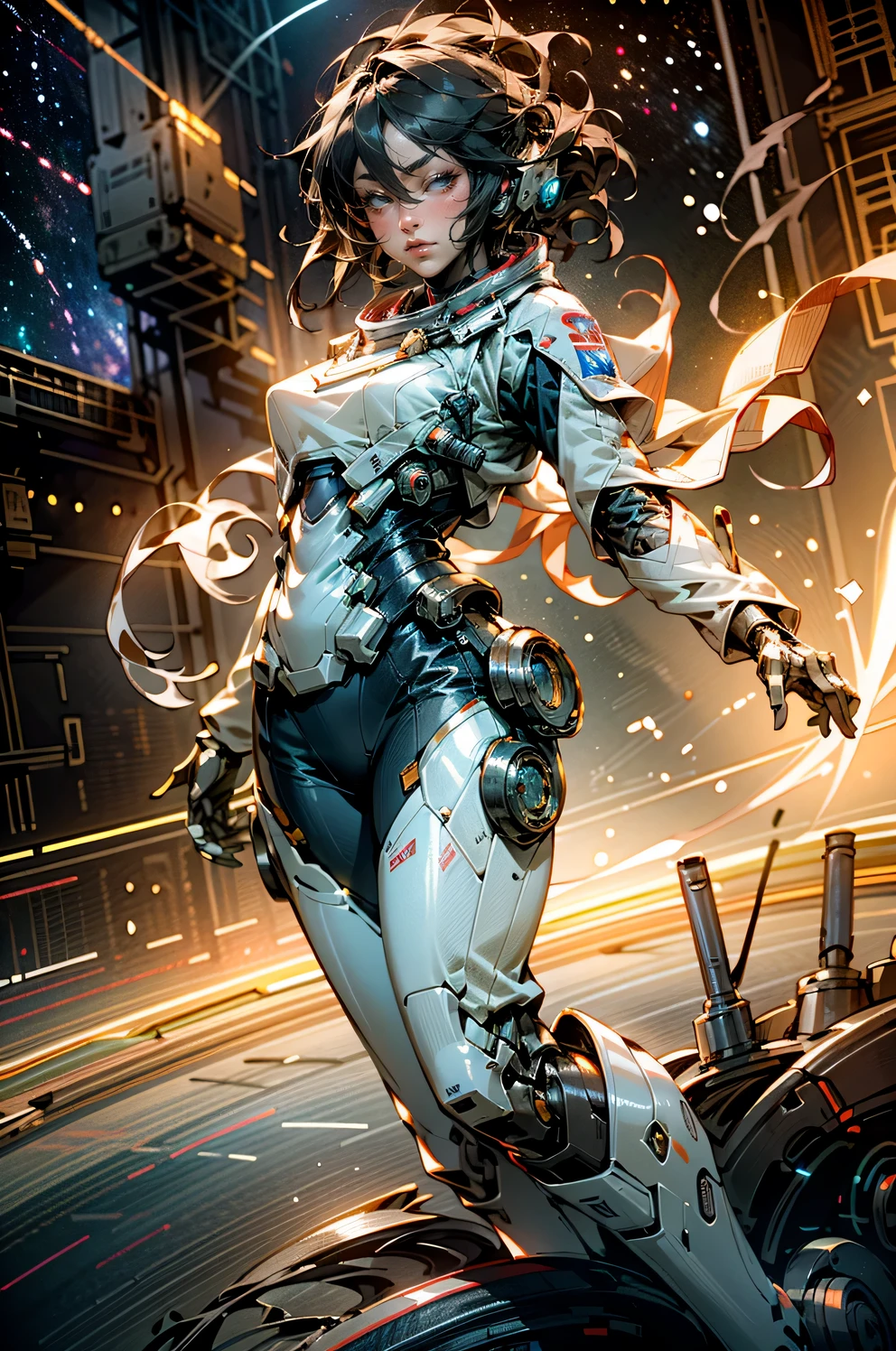 (best quality,4k,8k,highres,masterpiece:1.37),ultra-detailed,(realistic,photorealistic,photo-realistic:1.5),cosmic wanderer, 1woman, psychedelic traveler,oneironaut,astronaut,mecha pilot,sci-fi fantasy,dynamic composition,nebulae,galactic landscape,giant spaceship with intricate details,wide angle, full body shot,tianfeng1,(An astronaut woman floating in a space station:1.6),(dynamic pose:1.6),angl,(cosmic energy flowing through the body),vibrant colors and surreal atmosphere,dream-like surreal elements,extraterrestrial creatures exploring alongside,interstellar journey through unknown realms,majestic celestial bodies creating a sense of awe,(otherworldly landscapes and architecture),cosmic dust and particles illuminating the scene,sparkling stars and constellations forming intricate patterns,(teal and orange hues),(angl),tianfeng1,(the woman is wearing a futuristic suit with glowing accents),(mechanical elements complementing the organic forms:1.37),rendered with attention to smallest details and textures,(dynamic composition with a sense of movement and energy:1.5),strong sense of depth and three-dimensionality,(moody lighting and dramatic shadows),unique perspectives and unconventional angles,revealing hidden wonders of the cosmos,(immersive and captivating sci-fi atmosphere:1.4),bringing together the wonders of science and the magic of dreams.