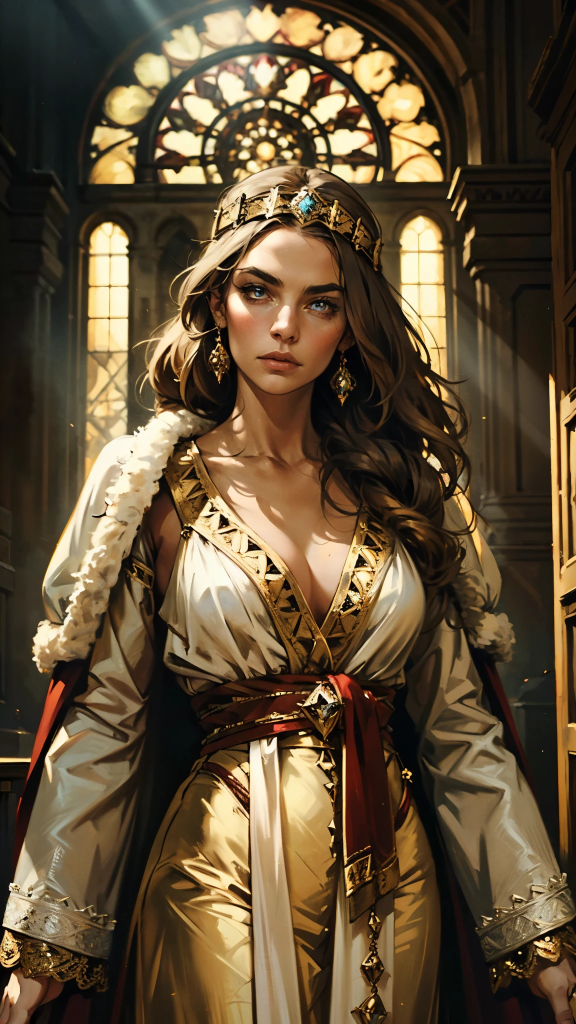 A girl with long golden hair, choppy bangs, Nordic heritage, a petite figure, delicate facial features, pale skin, porcelain skin, an innocent yet determined gaze, she wears an exquisite headband, dressed in a fantasy-style Slavic royal dress, a fur shawl draped over her shoulders, wide sleeves, a luxurious layered skirt, the background features a fantasy-style royal castle, this character embodies a finely crafted fantasy-style Slavic princess in anime style, exquisite and mature manga art style, high definition, best quality, highres, ultra-detailed, ultra-fine painting, extremely delicate, professional, anatomically correct, symmetrical face, extremely detailed eyes and face, high quality eyes, creativity, RAW photo, UHD, 32k, Natural light, cinematic lighting, masterpiece-anatomy-perfect, masterpiece:1.5