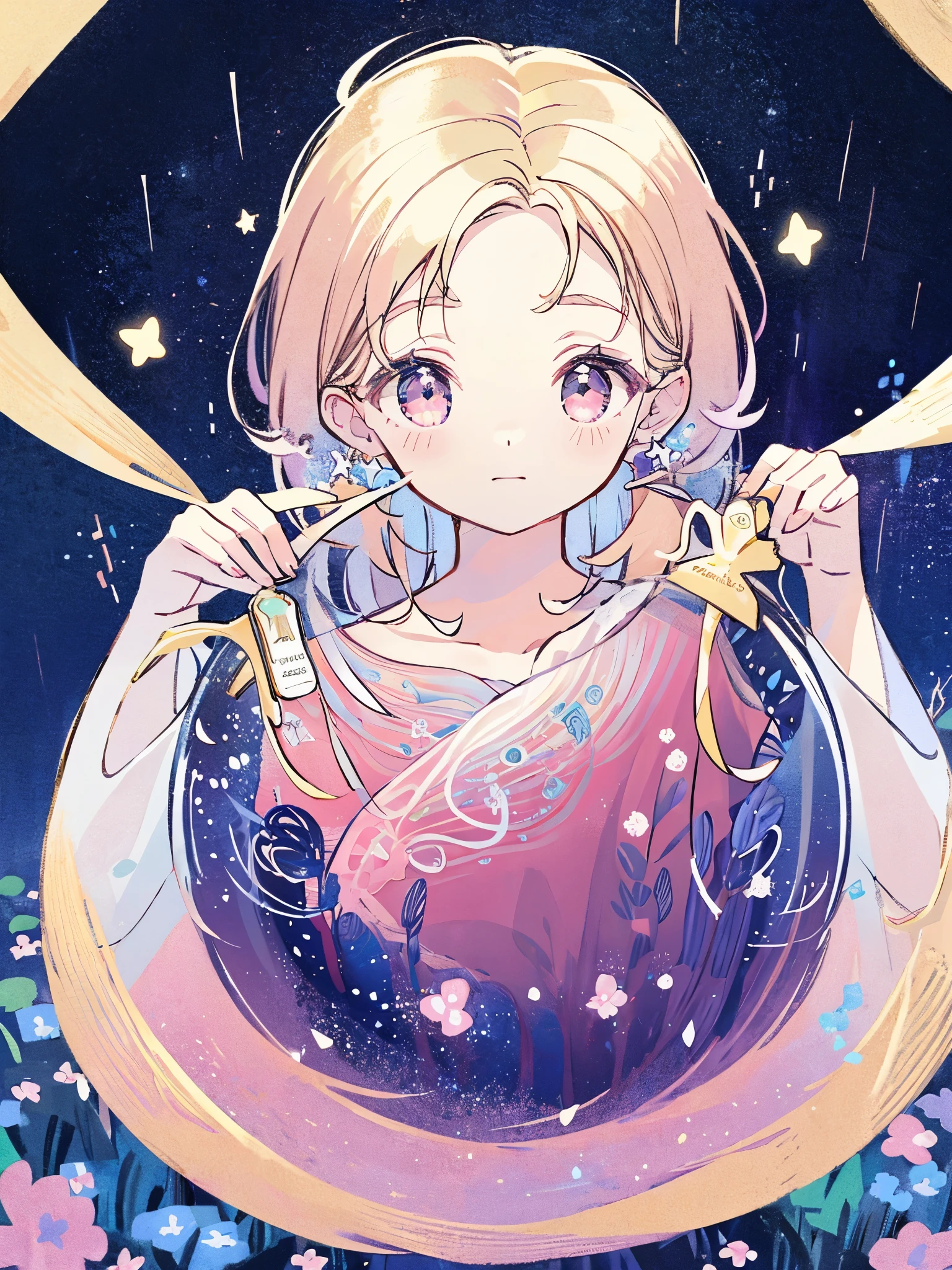 complex background, wishing star background, woman inside of the bottle wearing a ethereal mystical pink traslucent dress that reflects the stars , perfume promo art, mystic,complex drawing, highly detailed, Covergirl brand, promo art,a woman inside of a perfume bottle. artistic rendition, ethereal, starry night, midjourney style
