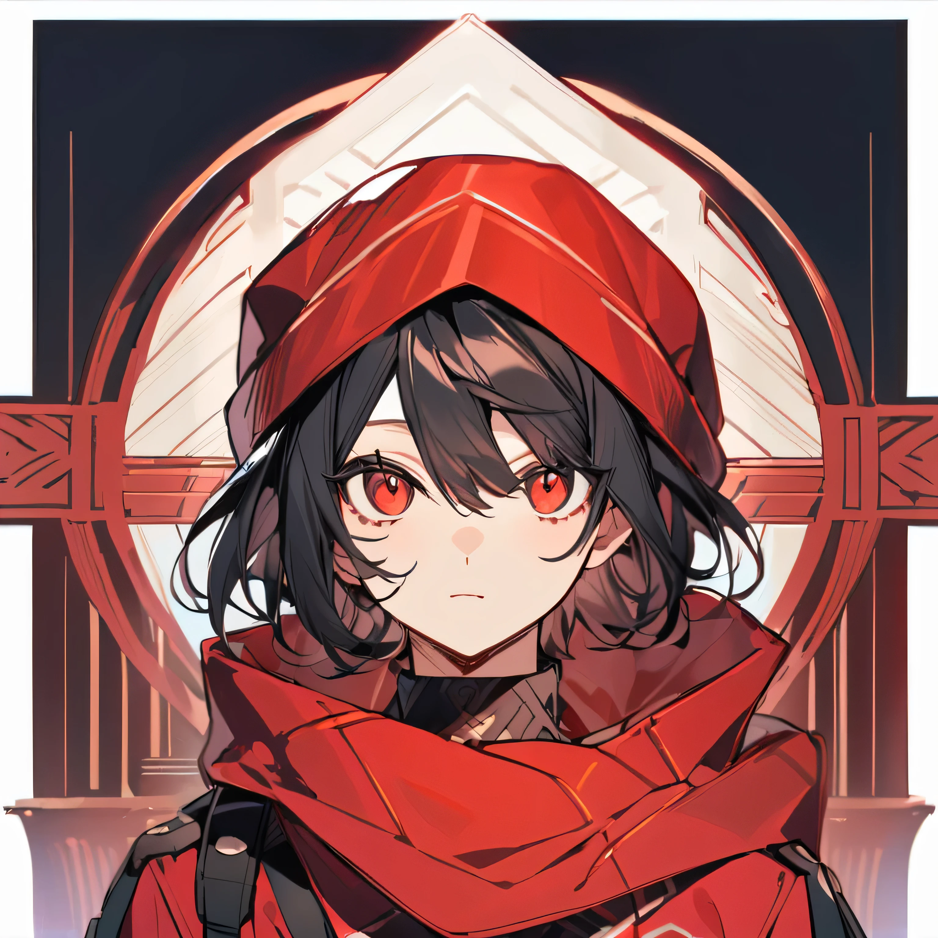 a male with a black hair and black and red outfit and in a black and red background, (1male:0.872), (black hair:0.758), (blurry:0.926), (blurry background:0.703), (red eyes:0.562), (depth of field:0.625), (short hair:0.855), (outdoors:0.541), (red scarf:0.989), (night:0.925), (solo:0.886), (upper body:0.683)