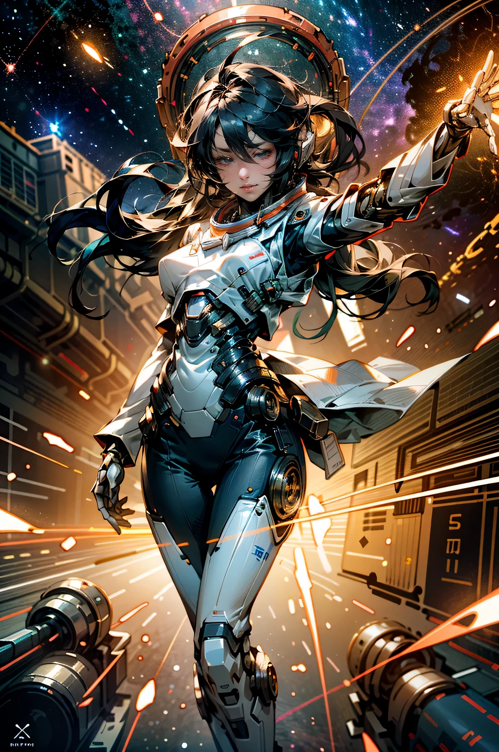 (best quality,4k,8k,highres,masterpiece:1.37),ultra-detailed,(realistic,photorealistic,photo-realistic:1.5),cosmic wanderer, 1woman, psychedelic traveler,oneironaut,astronaut,mecha pilot,sci-fi fantasy,dynamic composition,nebulae,galactic landscape,giant spaceship with intricate details,wide angle, full body shot,tianfeng1,(An astronaut woman floating in a space station:1.6),(dynamic pose:1.6),angl,(cosmic energy flowing through the body),vibrant colors and surreal atmosphere,dream-like surreal elements,extraterrestrial creatures exploring alongside,interstellar journey through unknown realms,majestic celestial bodies creating a sense of awe,(otherworldly landscapes and architecture),cosmic dust and particles illuminating the scene,sparkling stars and constellations forming intricate patterns,(teal and orange hues),(angl),tianfeng1,(the woman is wearing a futuristic suit with glowing accents),(mechanical elements complementing the organic forms:1.37),rendered with attention to smallest details and textures,(dynamic composition with a sense of movement and energy:1.5),strong sense of depth and three-dimensionality,(moody lighting and dramatic shadows),unique perspectives and unconventional angles,revealing hidden wonders of the cosmos,(immersive and captivating sci-fi atmosphere:1.4),bringing together the wonders of science and the magic of dreams.