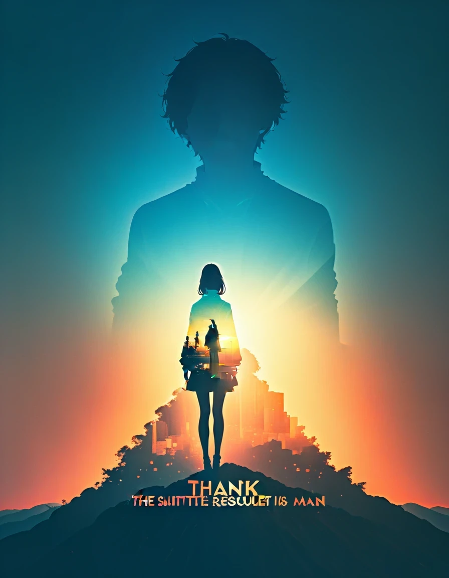 Cover "thank",The silhouette of a resolute man is projected on the ground,double exposure