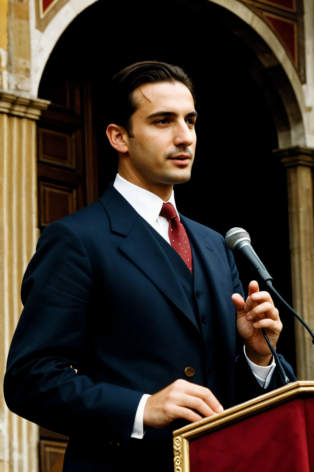 A Italian history style man who is speaking a speech in public