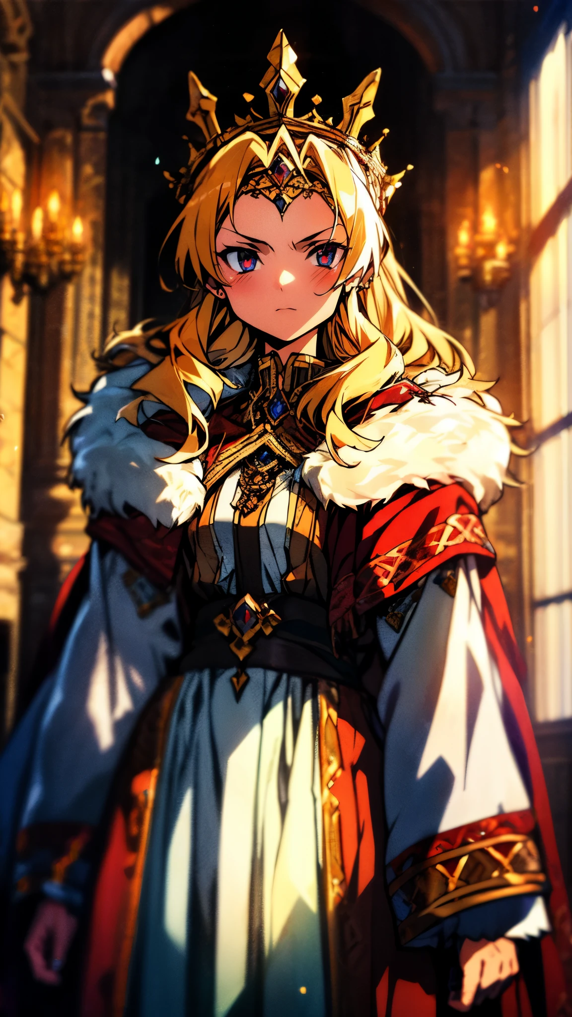 A girl with long golden hair, choppy bangs, Nordic heritage, a petite figure, delicate facial features, pale skin, porcelain skin, an innocent yet determined gaze, she wears an exquisite headband, dressed in a fantasy-style Slavic royal dress, a fur shawl draped over her shoulders, wide sleeves, a luxurious layered skirt, the background features a fantasy-style royal castle, this character embodies a finely crafted fantasy-style Slavic princess in anime style, exquisite and mature manga art style, high definition, best quality, highres, ultra-detailed, ultra-fine painting, extremely delicate, professional, anatomically correct, symmetrical face, extremely detailed eyes and face, high quality eyes, creativity, RAW photo, UHD, 32k, Natural light, cinematic lighting, masterpiece-anatomy-perfect, masterpiece:1.5