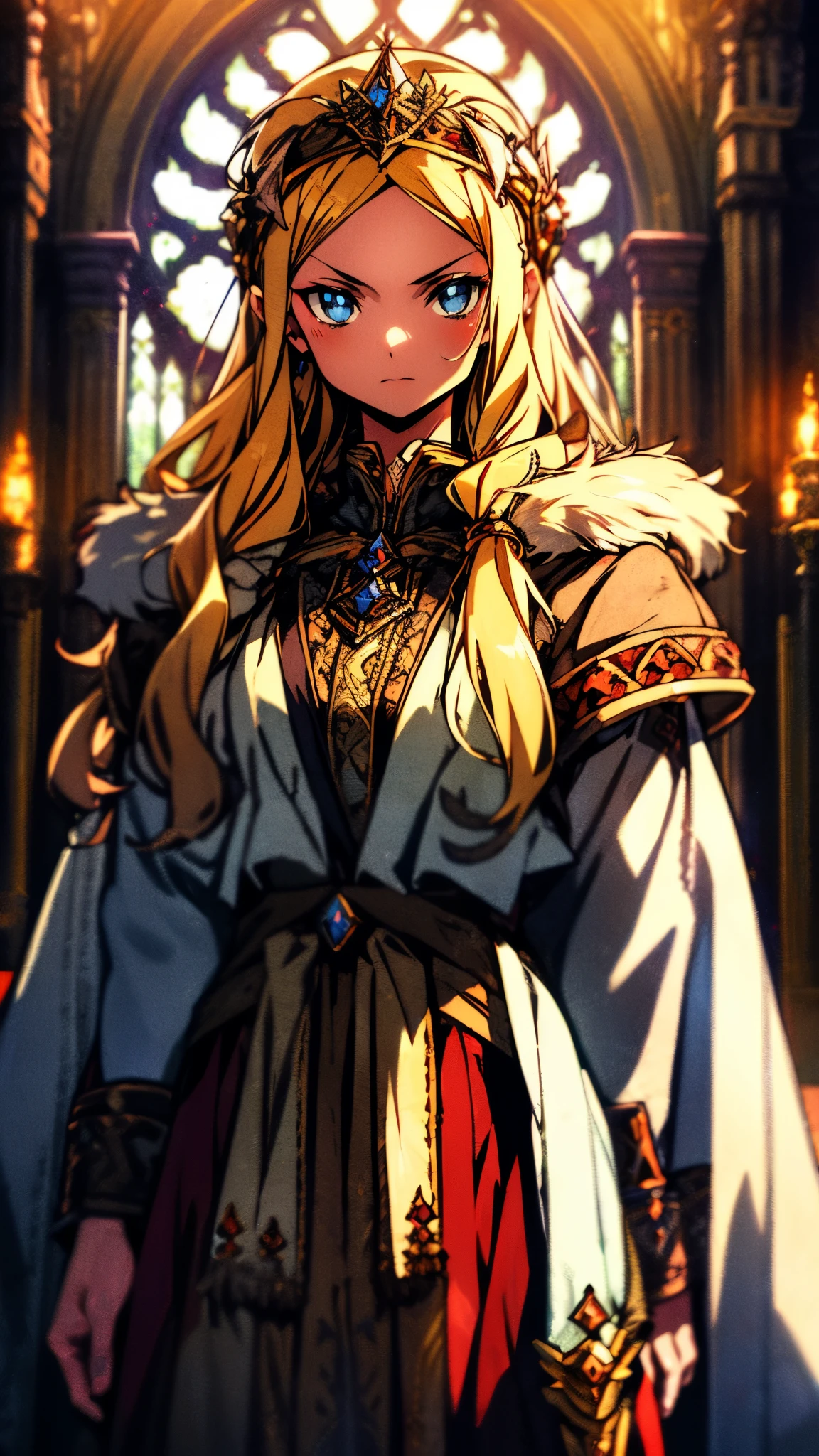 A girl with long golden hair, choppy bangs, Nordic heritage, a petite figure, delicate facial features, pale skin, porcelain skin, an innocent yet determined gaze, she wears an exquisite headband, dressed in a fantasy-style Slavic royal dress, a fur shawl draped over her shoulders, wide sleeves, a luxurious layered skirt, the background features a fantasy-style royal castle, this character embodies a finely crafted fantasy-style Slavic princess in anime style, exquisite and mature manga art style, high definition, best quality, highres, ultra-detailed, ultra-fine painting, extremely delicate, professional, anatomically correct, symmetrical face, extremely detailed eyes and face, high quality eyes, creativity, RAW photo, UHD, 32k, Natural light, cinematic lighting, masterpiece-anatomy-perfect, masterpiece:1.5