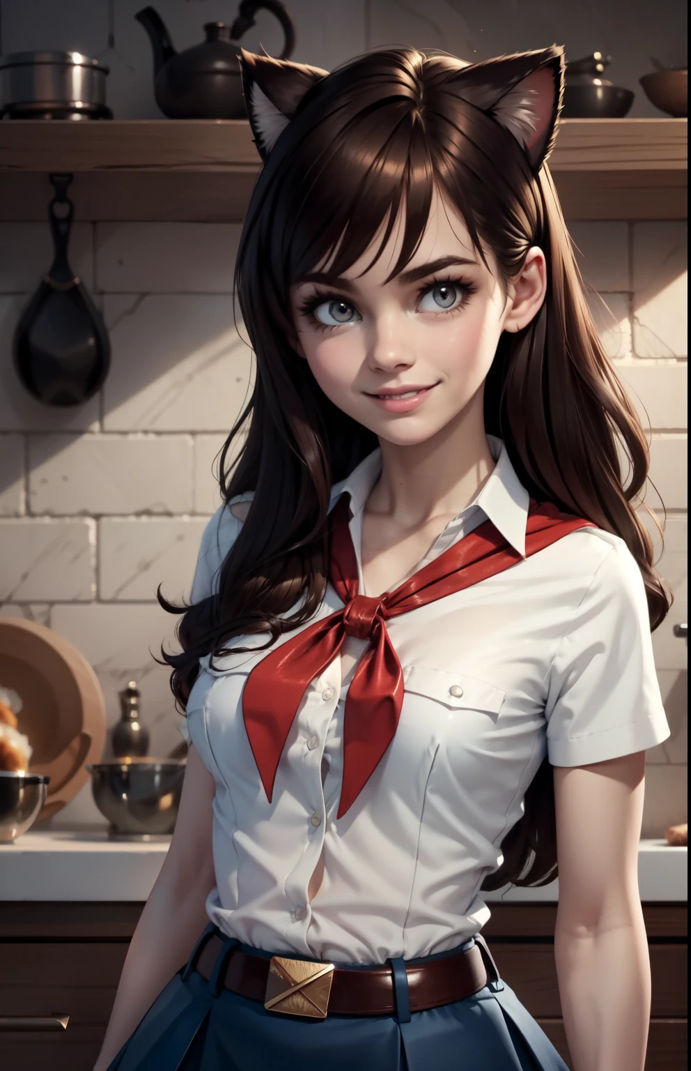 very young slim fit girl, at full height, rounded face, very long disheveled dark brown hair, big brown eyes, shy smile, perfect flat breast, band on head with fake cat ears, parororo, pioneer neckerchief, blue thight microskirt, bangs, shirt, collarbone, white shirt, short sleeves, collared shirt, belt, neckerchief, eyelashes, red neckerchief, breast pocket