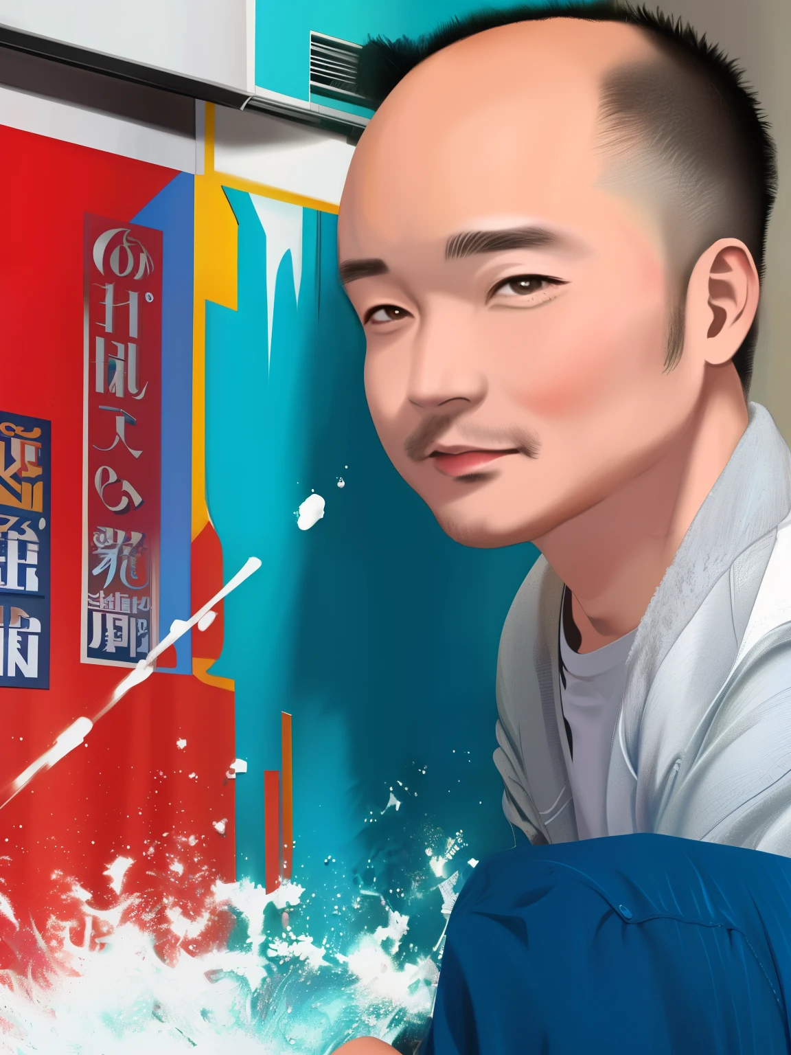 （highest quality、8K、32k、masterpiece）Background with colorful paint splatterale、actor、Baldness