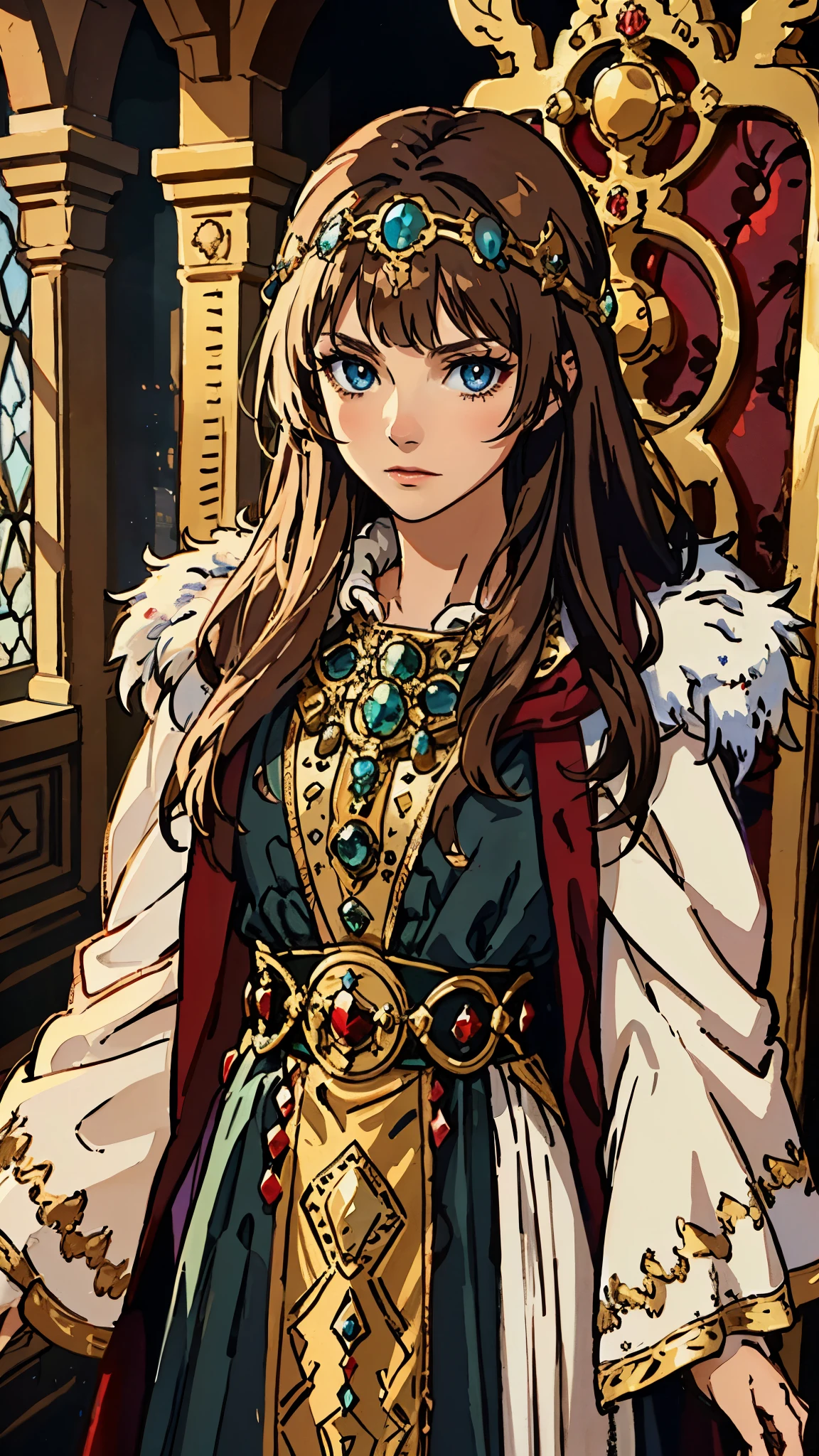 A girl with long golden hair, choppy bangs, Nordic heritage, a petite figure, delicate facial features, pale skin, porcelain skin, an innocent yet determined gaze, she wears an exquisite headband, dressed in a fantasy-style Slavic royal dress, a fur shawl draped over her shoulders, wide sleeves, a luxurious layered skirt, the background features a fantasy-style royal castle, this character embodies a finely crafted fantasy-style Slavic princess in anime style, exquisite and mature manga art style, high definition, best quality, highres, ultra-detailed, ultra-fine painting, extremely delicate, professional, anatomically correct, symmetrical face, extremely detailed eyes and face, high quality eyes, creativity, RAW photo, UHD, 32k, Natural light, cinematic lighting, masterpiece-anatomy-perfect, masterpiece:1.5