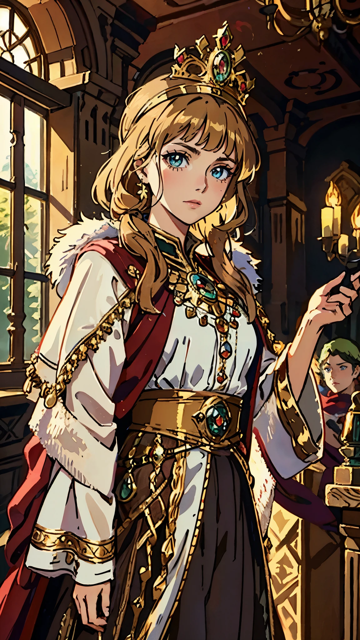 A girl with long golden hair, choppy bangs, Nordic heritage, a petite figure, delicate facial features, pale skin, porcelain skin, an innocent yet determined gaze, she wears an exquisite headband, dressed in a fantasy-style Slavic royal dress, a fur shawl draped over her shoulders, wide sleeves, a luxurious layered skirt, the background features a fantasy-style royal castle, this character embodies a finely crafted fantasy-style Slavic princess in anime style, exquisite and mature manga art style, high definition, best quality, highres, ultra-detailed, ultra-fine painting, extremely delicate, professional, anatomically correct, symmetrical face, extremely detailed eyes and face, high quality eyes, creativity, RAW photo, UHD, 32k, Natural light, cinematic lighting, masterpiece-anatomy-perfect, masterpiece:1.5