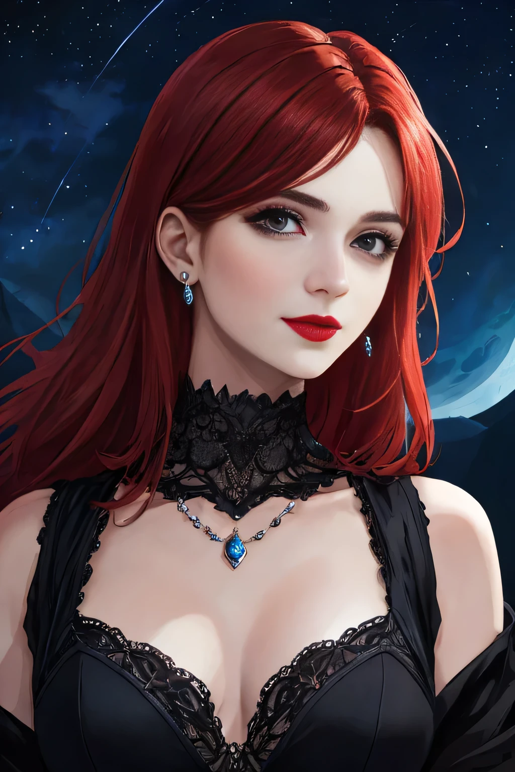 portrait shot, ((vivid red hair)), mature woman, 30 years old, diamond face, medium breast, moonlight, red starry sky background, depth of field, magic, big red lips, ((dark black eyes)) (Detailed beautiful eyes) red long and full dress, covered chest, mystical atmosphere, ominous shadows, Intense blue aura, Intense red aura (best quality:1.2), absurdres, intricate details, (highly detailed skin:1.2), smile expression, posing, taut and well defined body, attractive. Highly realistic, pale skin, beautiful, hyperrealism, skin very elaborated, direct gaze AB JLEE3, Complex facial details for all characters, Expressive eyes and nose and mouth, unzoom, author：Jim Lee Right Section Centered, Key, Visual, Complex, Highly Detailed, Breathtaking, Precise Line Art, Vibrant Panorama Film