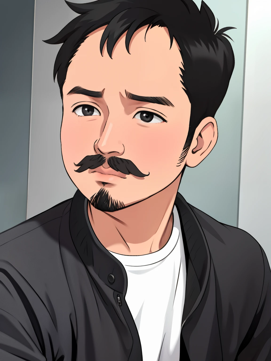 solo, looking at viewer, shirt, black hair, 1boy, jacket, white shirt, upper body, male focus, open clothes, black eyes, open jacket, black jacket, facial hair, realistic, mustache