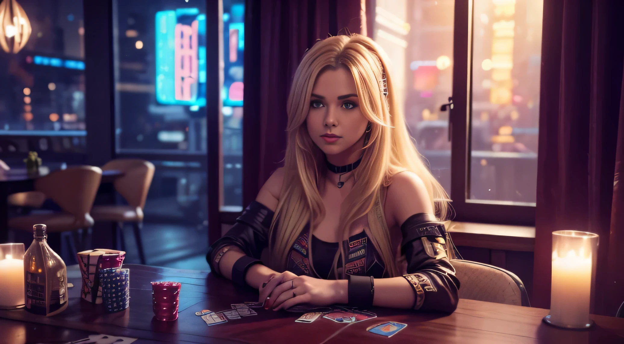 Long Haired blonde Female looking camera and sitting in a Apartment,Blonde,Sitting,Night,Table,Playing Cards,Dust,Artwork,3D,4K,Detailed,Realistic,cyberpunk,cozy,neon lights,retro tech,window