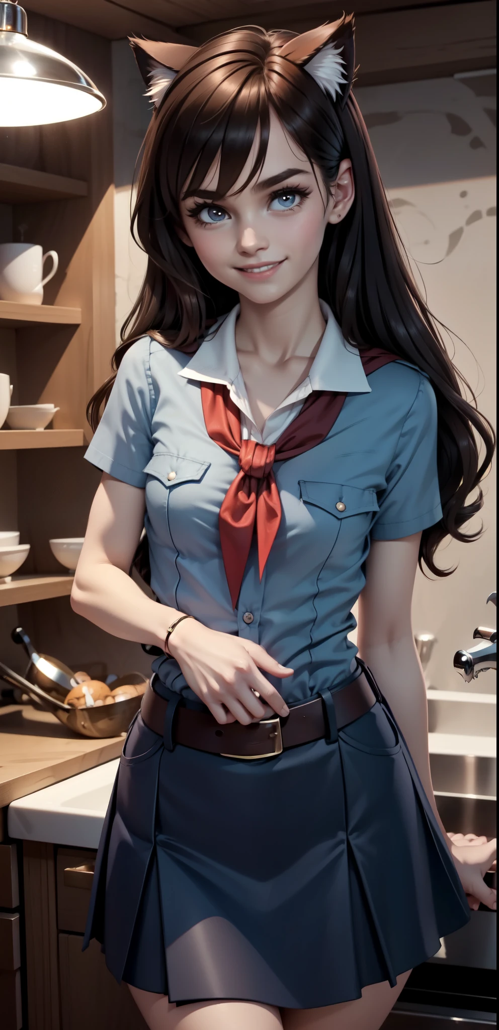 very young slim fit girl, at full height, rounded face, very long disheveled dark brown hair, big brown eyes, shy smile, perfect flat breast, band on head with fake cat ears, parororo, pioneer neckerchief, blue thight microskirt, bangs, shirt, collarbone, white shirt, short sleeves, collared shirt, belt, neckerchief, eyelashes, red neckerchief, breast pocket