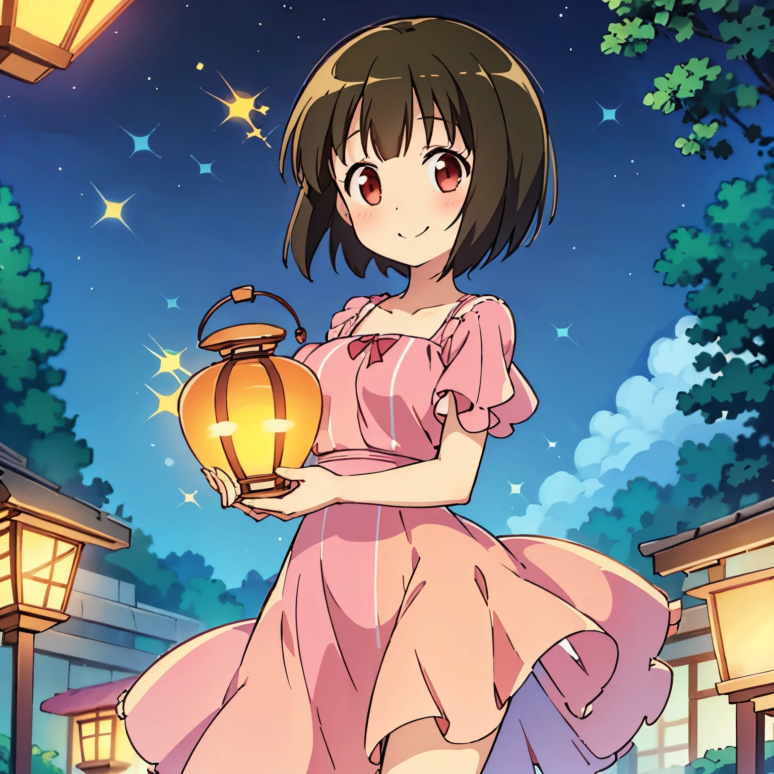 Girl with short hair, wearing a classic pink striped dress, holding a glowing lantern in her hands, smiling happily, beautiful night atmosphere