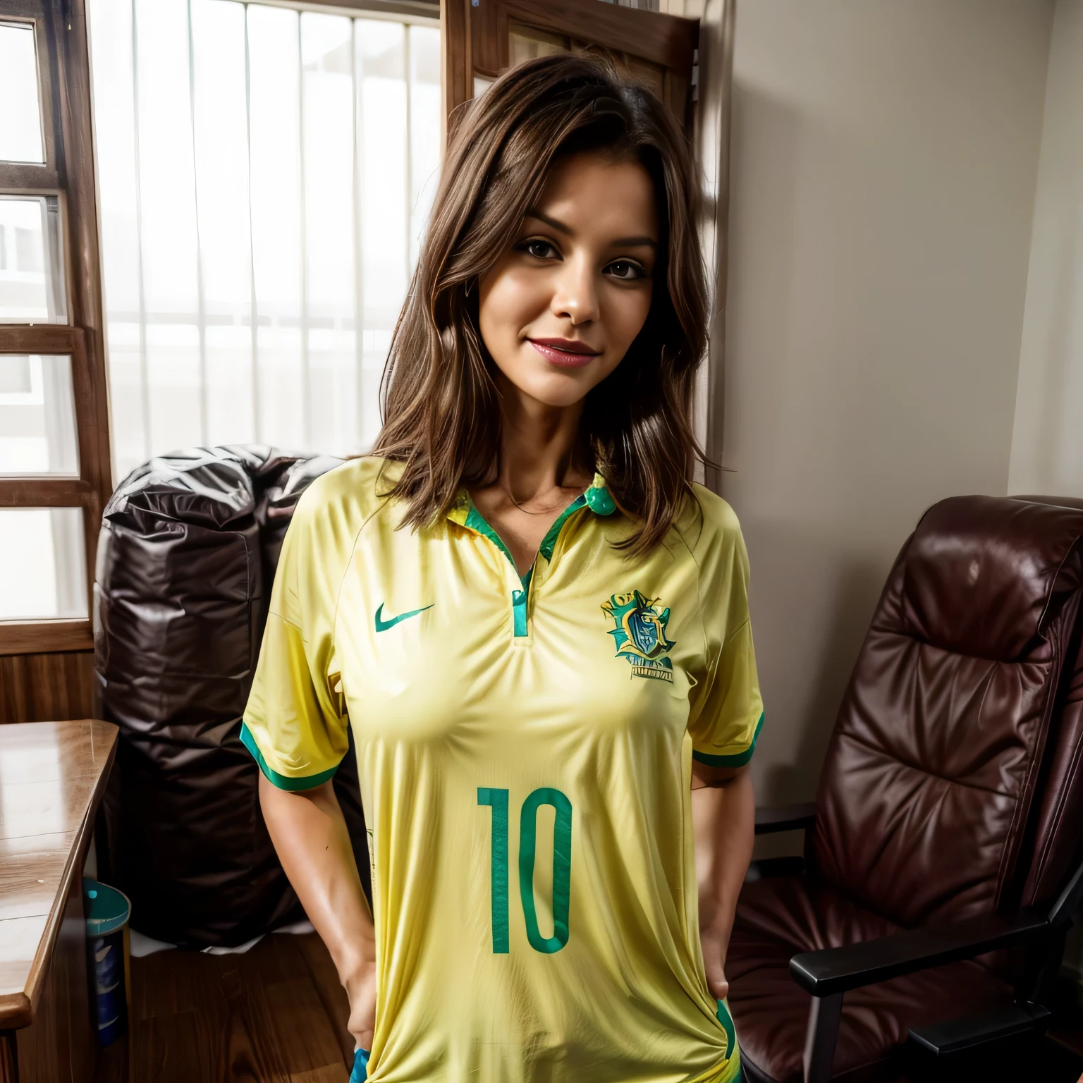woman in a yellow shirt standing in a room, looks fabiula Nascimento, Brazil, 40 year old Brazilian, in São Paulo. She is 155 cm tall and around 40 years old. A woman with tanned white skin and dark hair. She is around 40 years old. She has slightly full lips and dark brown eyes. Perfect body, slim body, slim waist. tanned skin, soft lips, red lipstick, a feeling of lightness and joy, hyperrealism, very elaborate skin. Fitness woman, fit woman, gym woman, woman in good physical shape, full body photo, clear photo, high quality, high resolution, masterpiece, 8K.