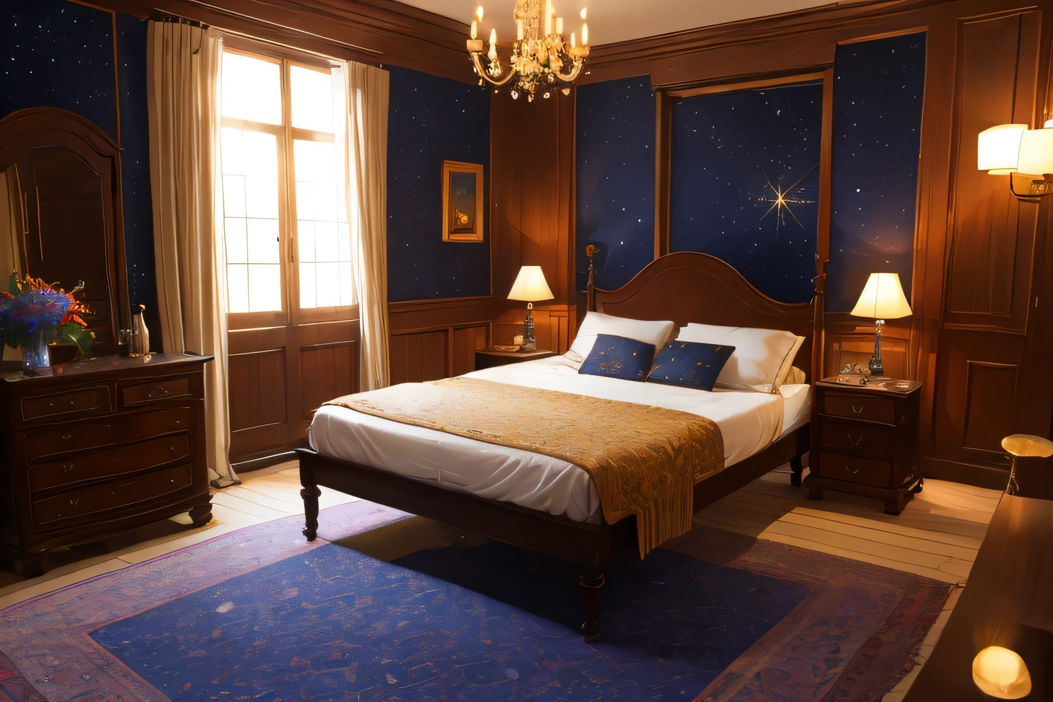 The bedroom was darkened by gloom. Only the moonlight that came through a huge ornate window and several candlesticks with red candles illuminated the room. Despite the low light, it was possible to observe the details of the room. It was large, with shag black carpet, mahogany furniture, and tapestries on the walls. In the middle of the room was the double bed covered in a knitted blanket with stars and the phases of the moon on a white sheet and with several pillows on top. The room was decorated with vases of red and blue flowers. On one of the dressers next to the bed there was an incense burner burning sandalwood incense and next to it a taro deck, on the other dresser there was an unlit lamp and some bottles of unknown contents.